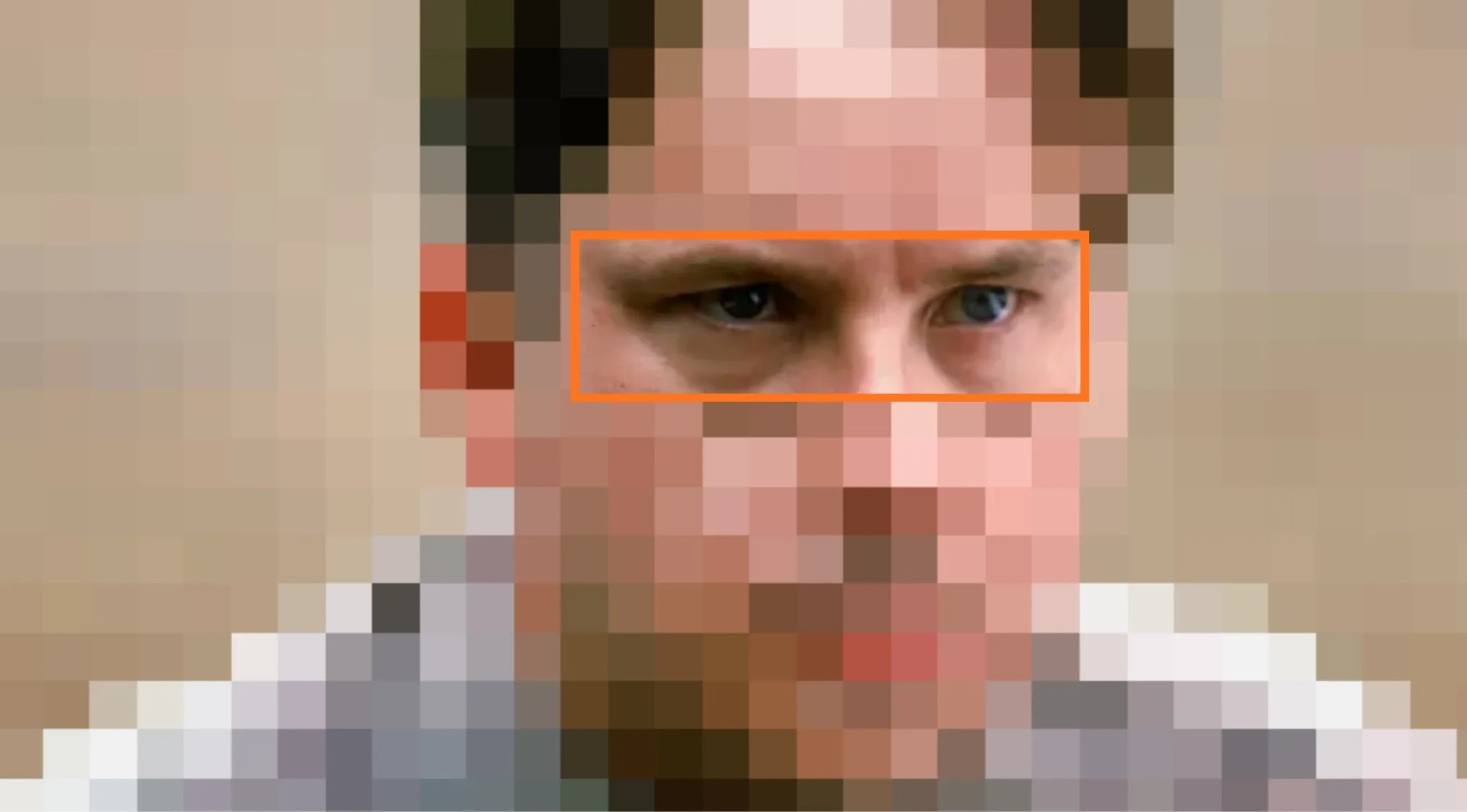 Close-up of a man's eyes with an orange outline, part of a movie character guess challenge from the characters' eyes.