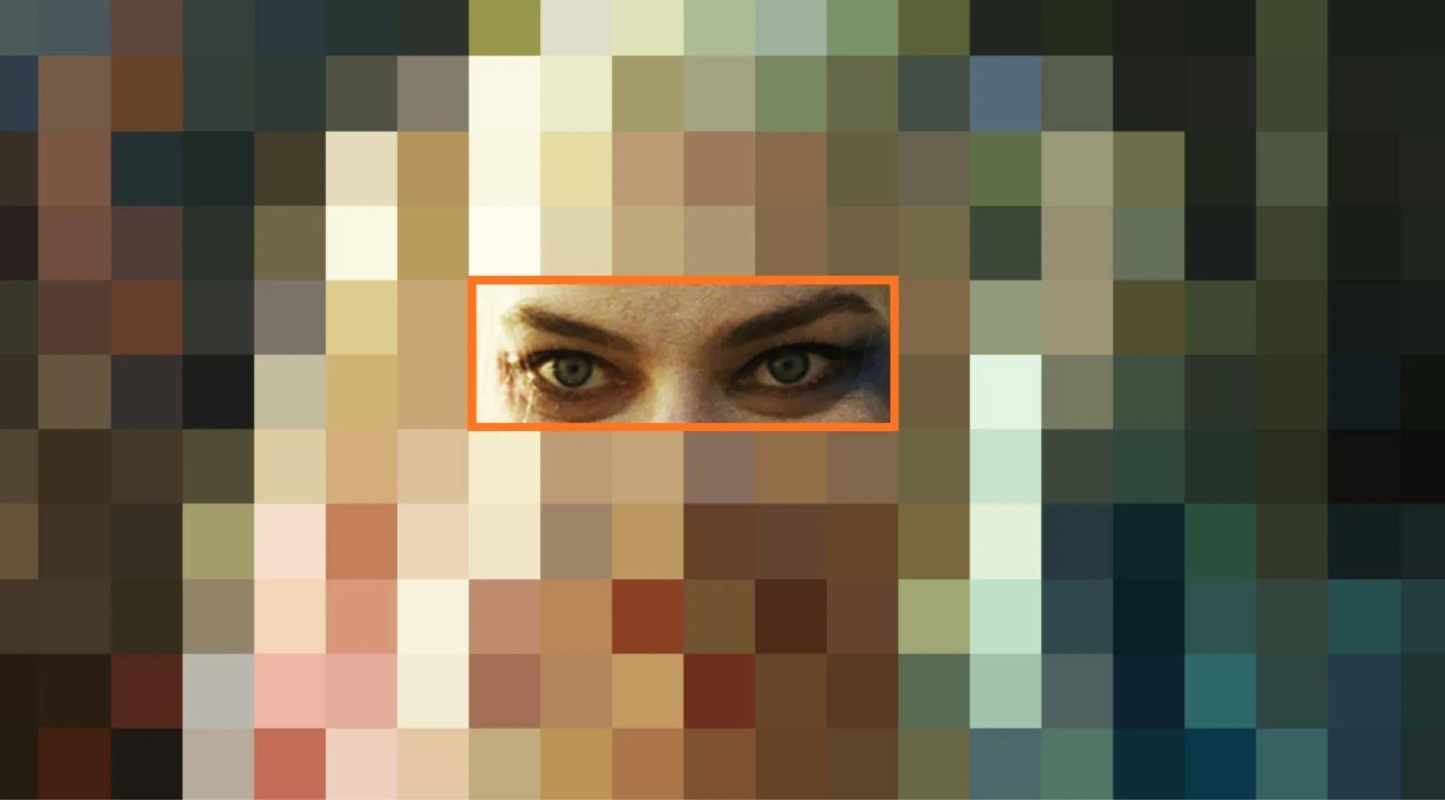Close-up of character's eyes from a superhero action film, focusing on intense gaze and detailed eye makeup.