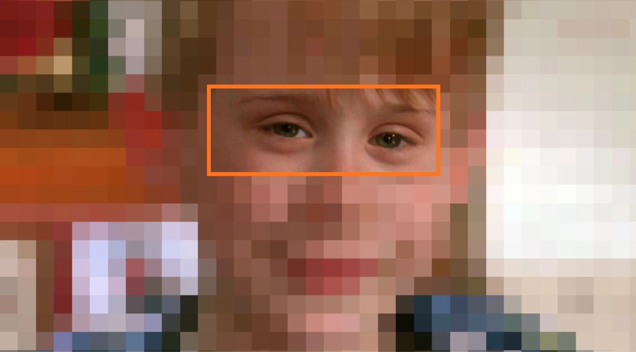 Close-up of a child's eyes in a pixelated image for guess the movie from the characters' eyes challenge.