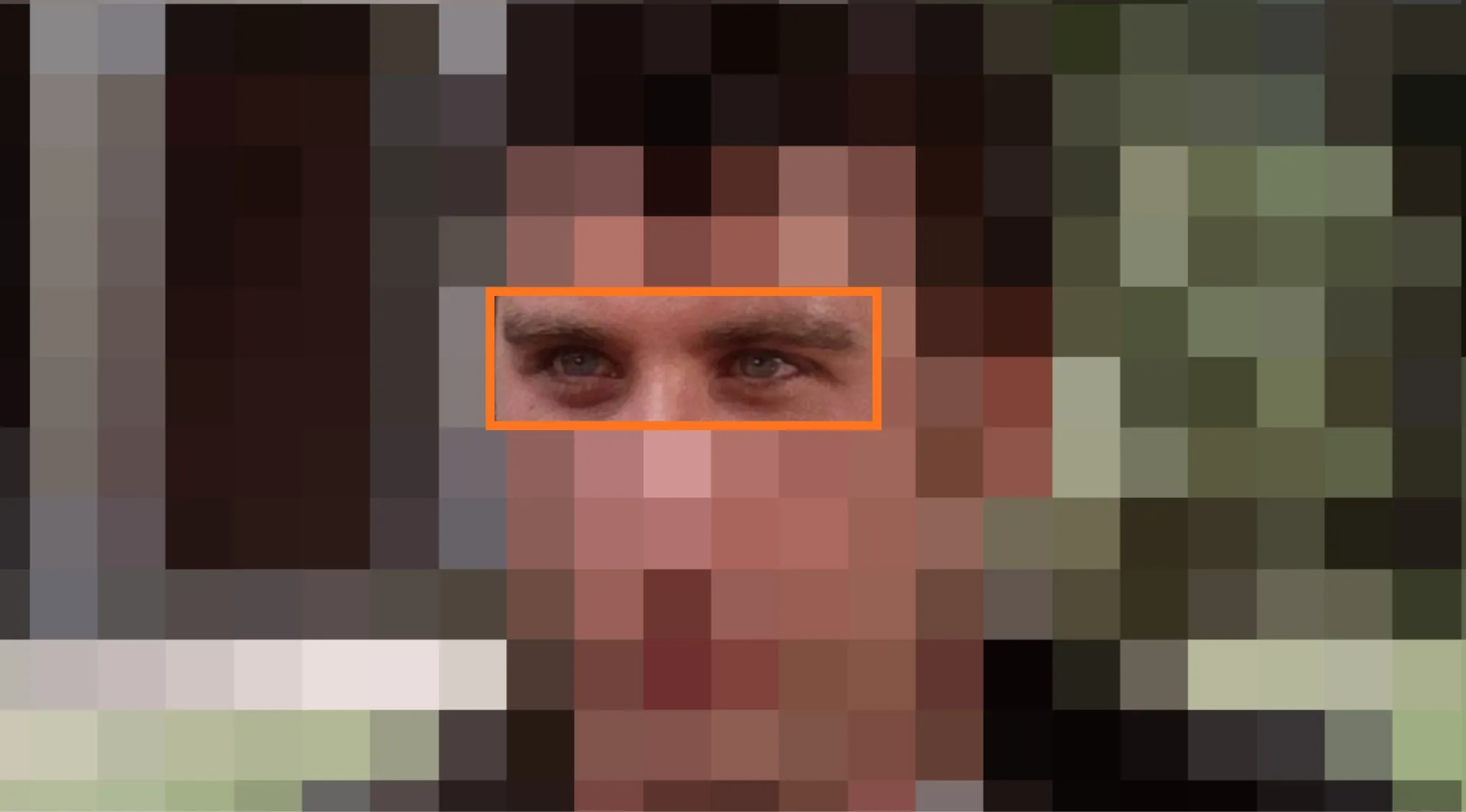 Close-up of male character's eyes highlighted in orange for guessing the movie from the characters' eyes part 2 quiz.