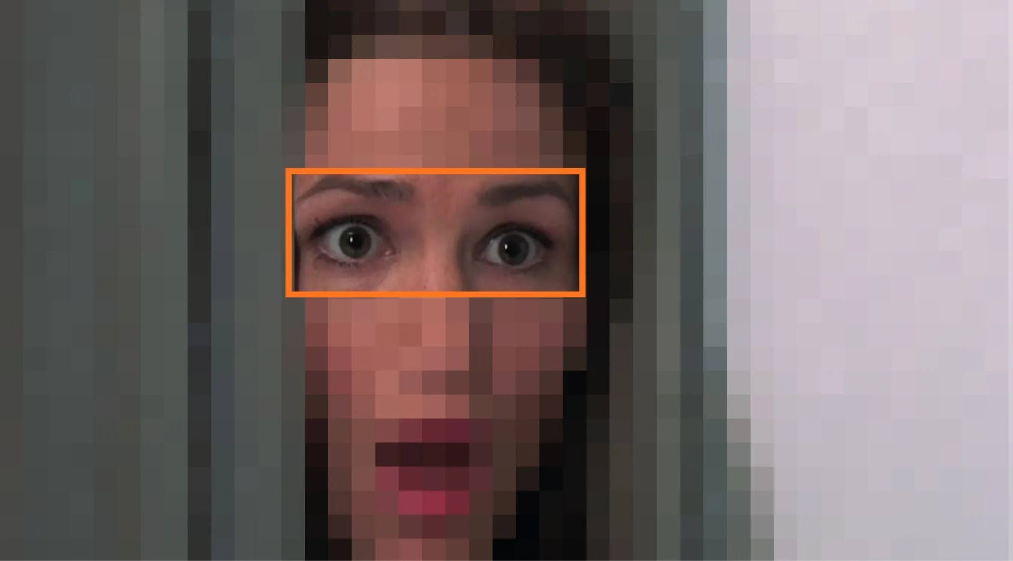 Close-up of a woman's eyes highlighted in a pixelated image for guess the movie from the characters' eyes part 2.