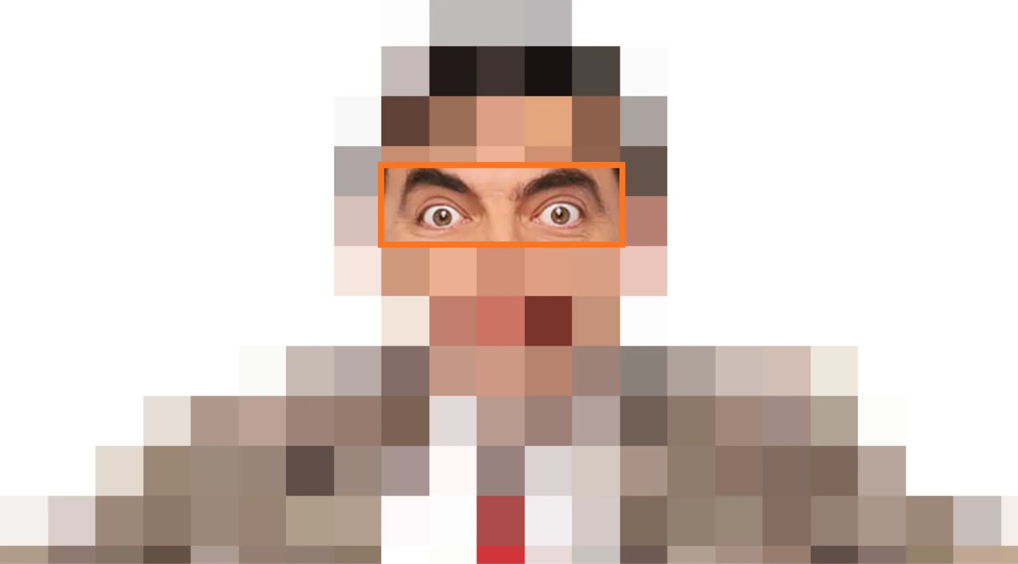Close-up of a pair of wide-open eyes in a pixelated image for a movie characters eyes guessing game.