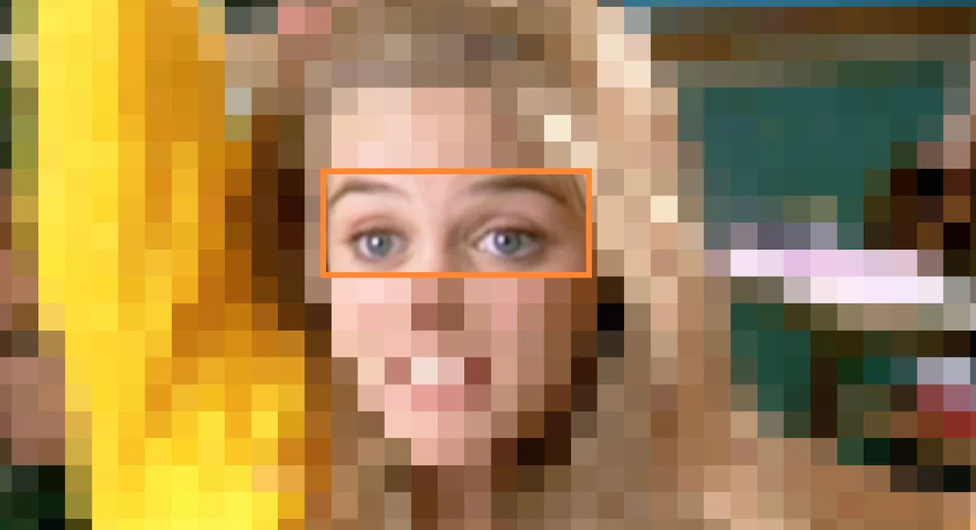 Close-up of a woman's blue eyes in a pixelated image for guessing the movie from the characters' eyes game.