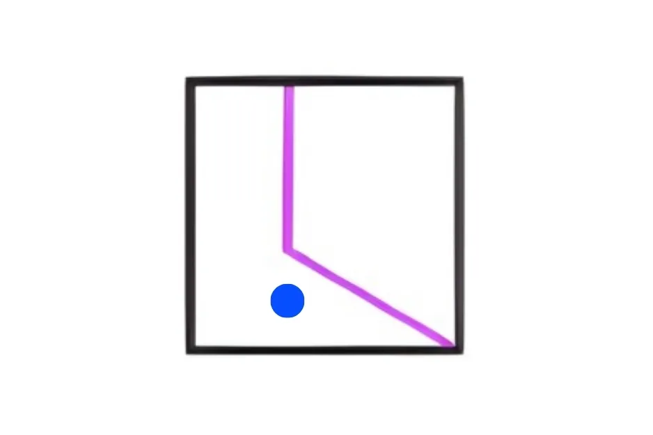 Abstract image showing a blue dot and purple angled lines inside a black square, used to determine which image comes next in the sequence.