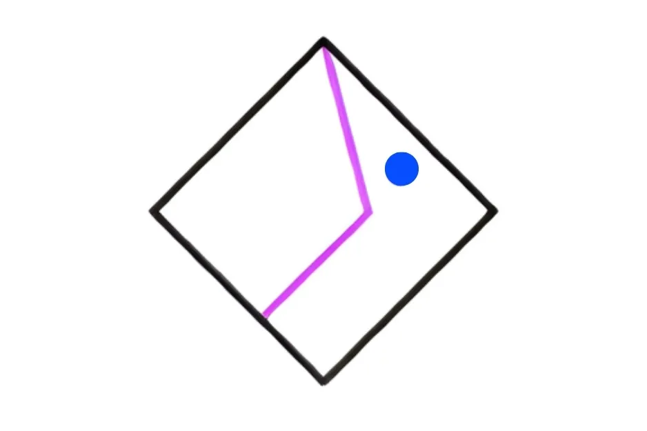 Image puzzle with a diamond shape, blue dot, and pink line, asking which image comes next in the sequence B