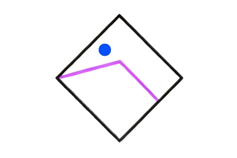 Abstract image puzzle showing a blue dot and a purple angled line inside a diamond shape in a sequence quiz.