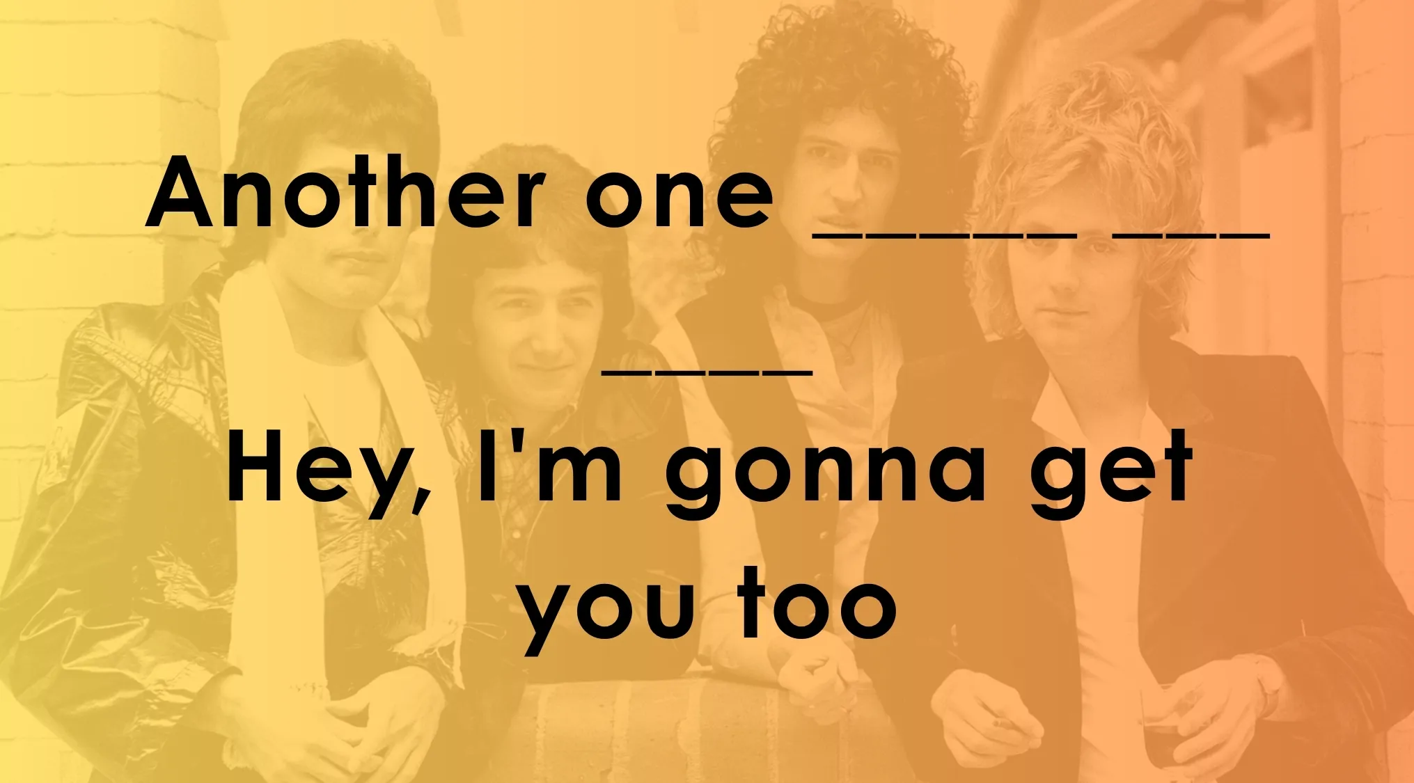 Classic band posing with lyrics challenge asking Can You Finish The Lyrics of These 33 Songs quiz text overlay.