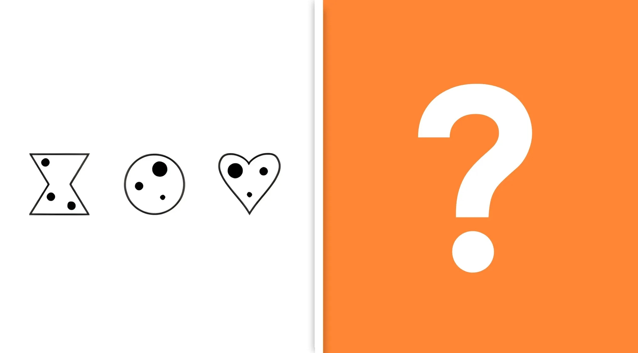 Set of three black and white shapes with dots and an orange panel with a question mark for a pattern recognition cognitive test.