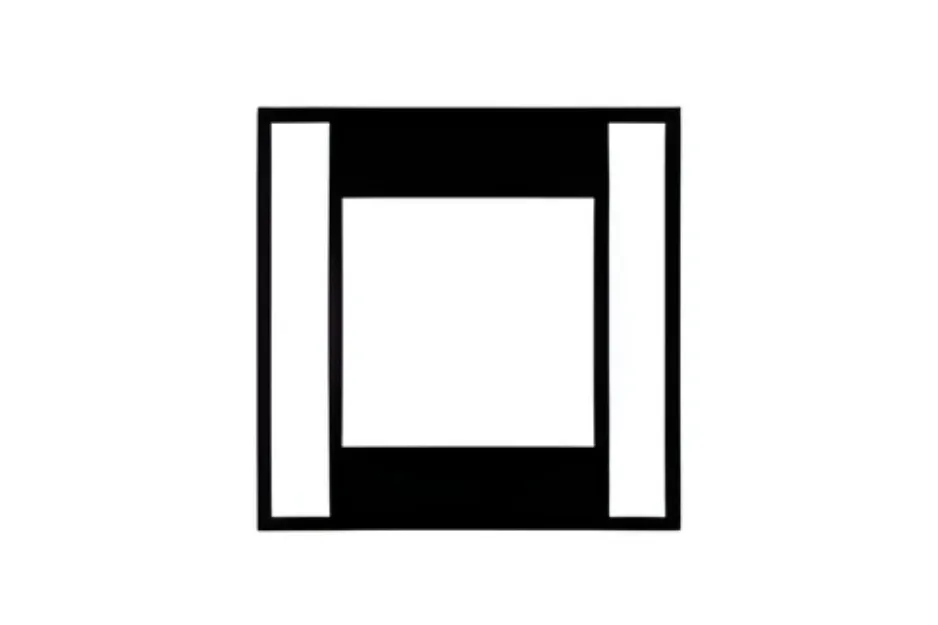Abstract black and white geometric figure completing the matrix puzzle with two vertical bars and a central square.