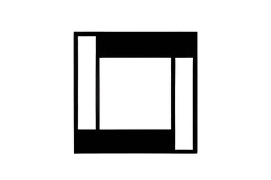 Black and white abstract figure with vertical and horizontal rectangular shapes, part of a matrix puzzle completion challenge B.