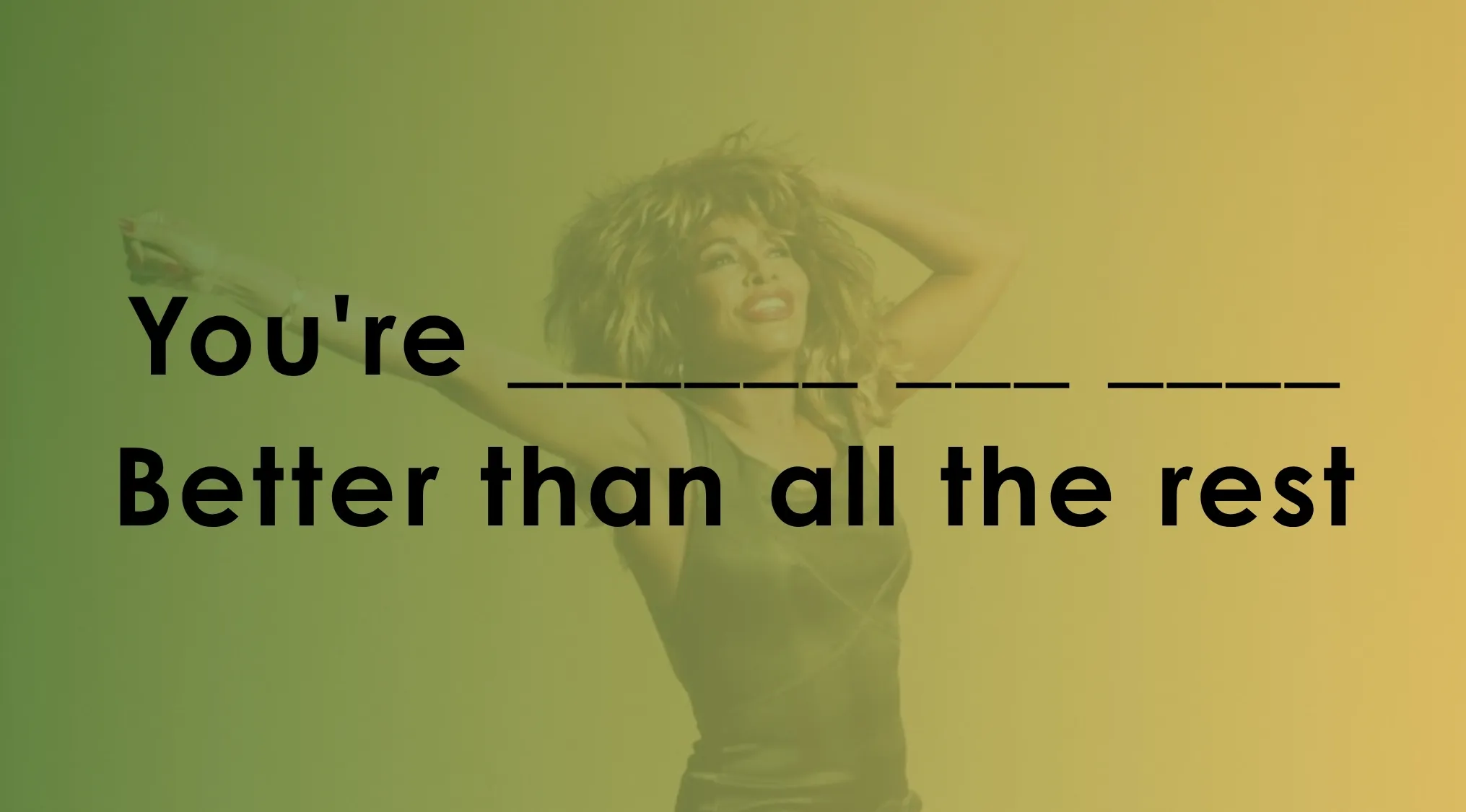 Woman with arms raised and lyrics challenge text asking to finish the lyrics of these 33 songs quiz.
