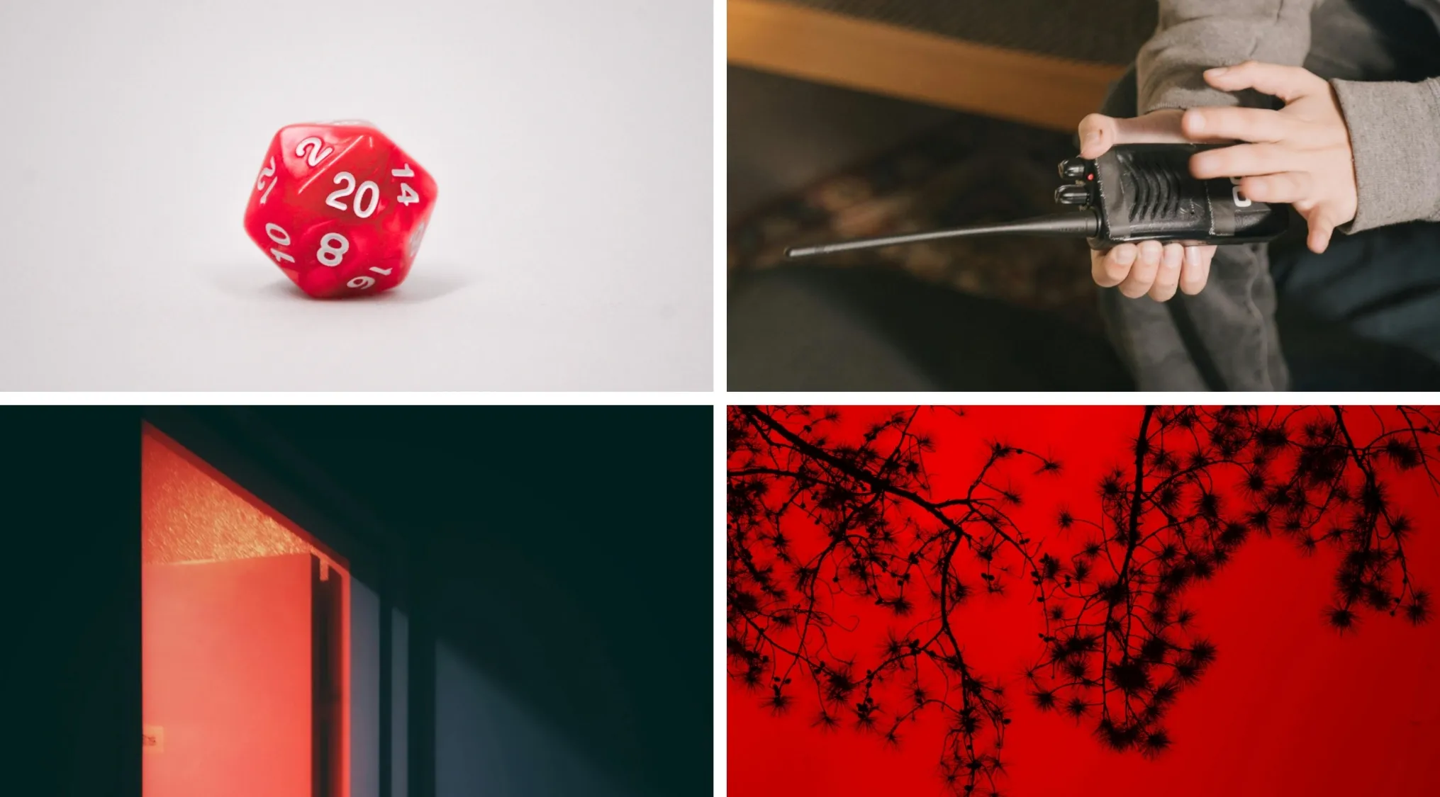 Collage showing a red 20-sided dice, hands holding a walkie-talkie, dark doorway, and tree branches against a red sky for TV shows hints.