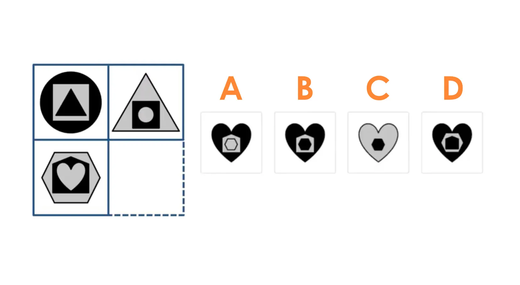 Pattern recognition cognitive test showing a matrix with geometric shapes and options to complete the pattern.