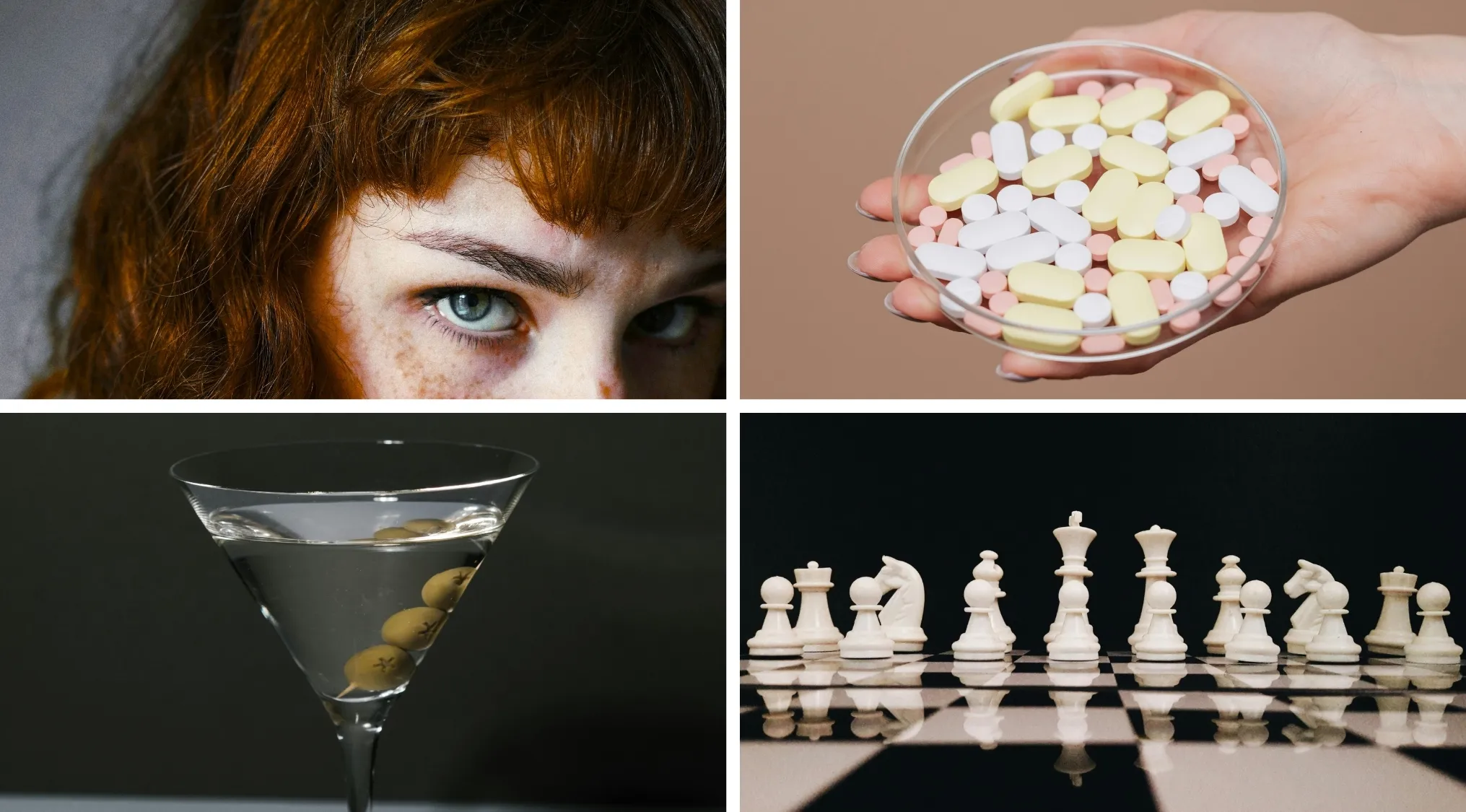 Close-up of red-haired eyes, pills in hand, martini with olives, and chess pieces as movies and TV shows visual hints.