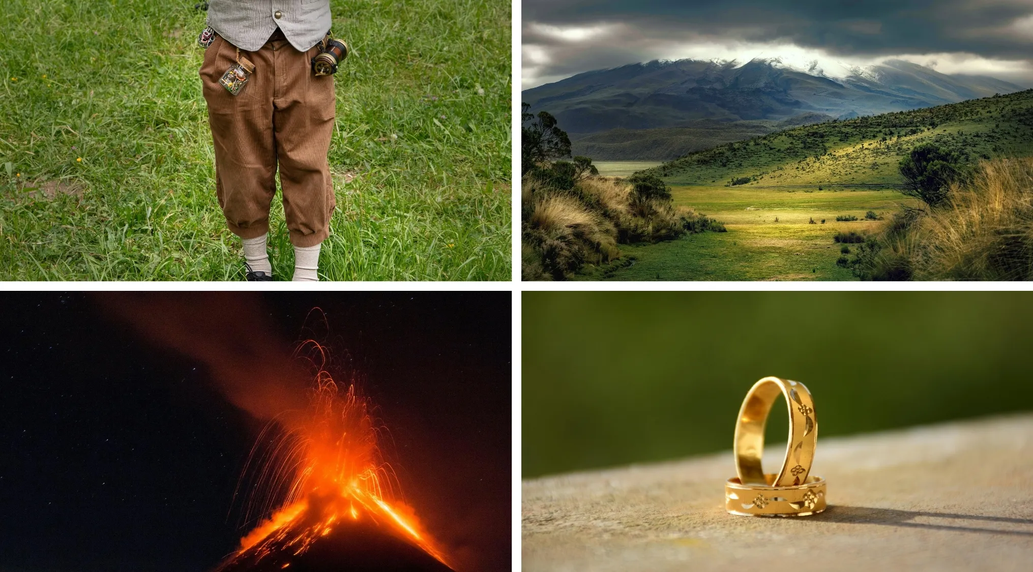 Visual hints from movies and TV shows including a character, landscape, volcano eruption, and gold rings representing a well-known trilogy.