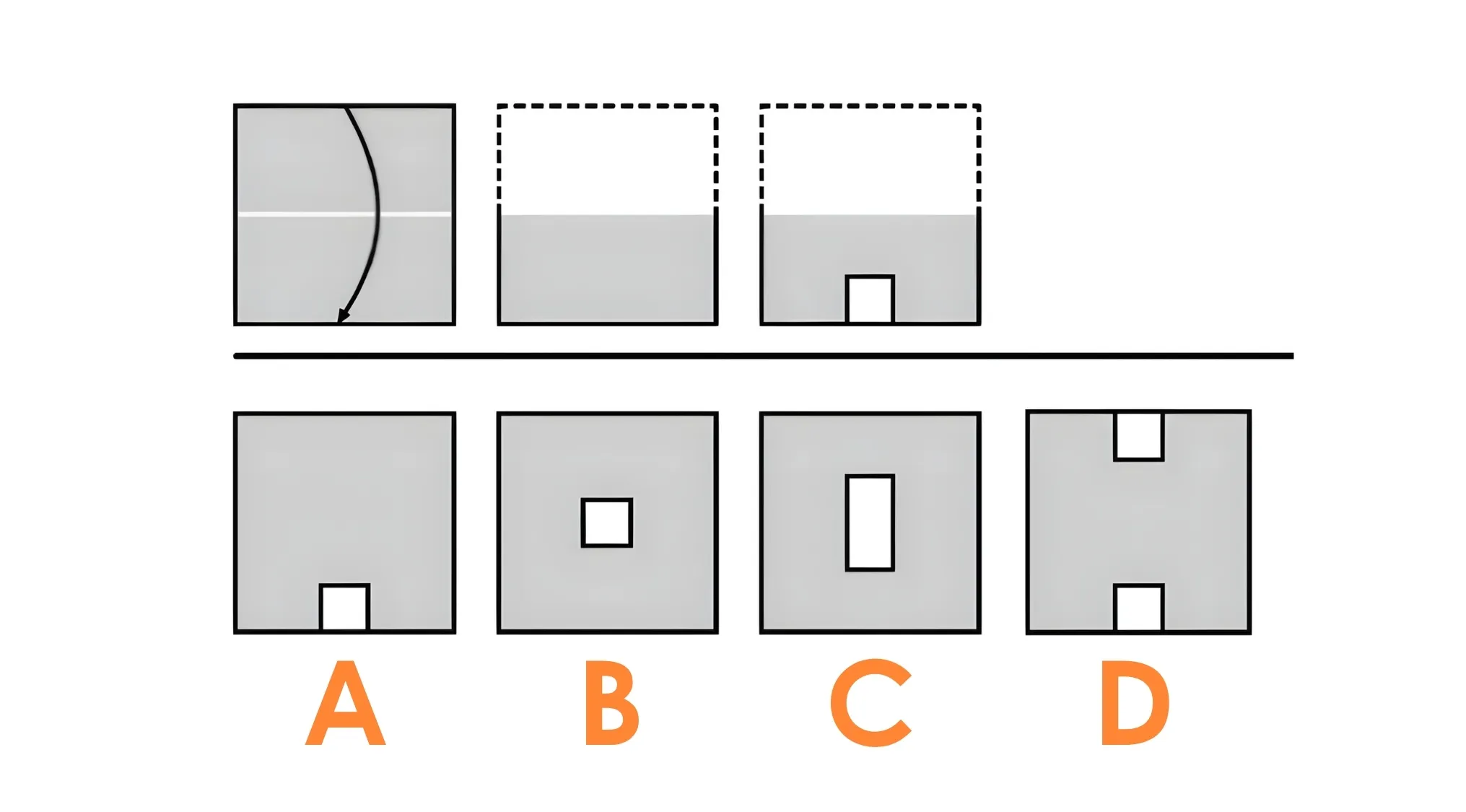 Pattern recognition cognitive test showing folded paper punched with holes and multiple unfolded paper answer options.