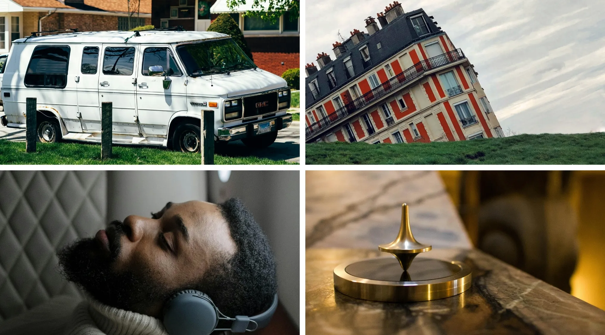 Collection of visual hints from movies and TV shows including a white van, leaning building, man with headphones, and a spinning top.