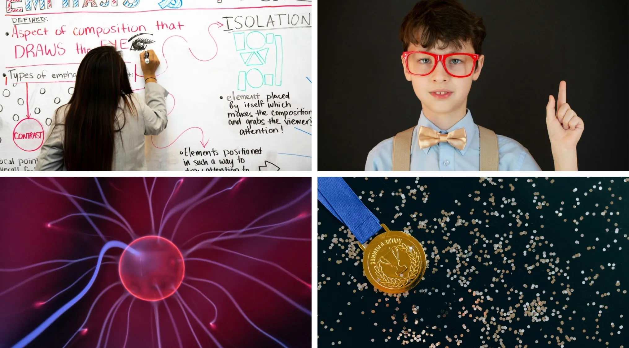 Collage of visual hints including a woman writing on a whiteboard, a boy with red glasses, plasma ball, and a gold medal.