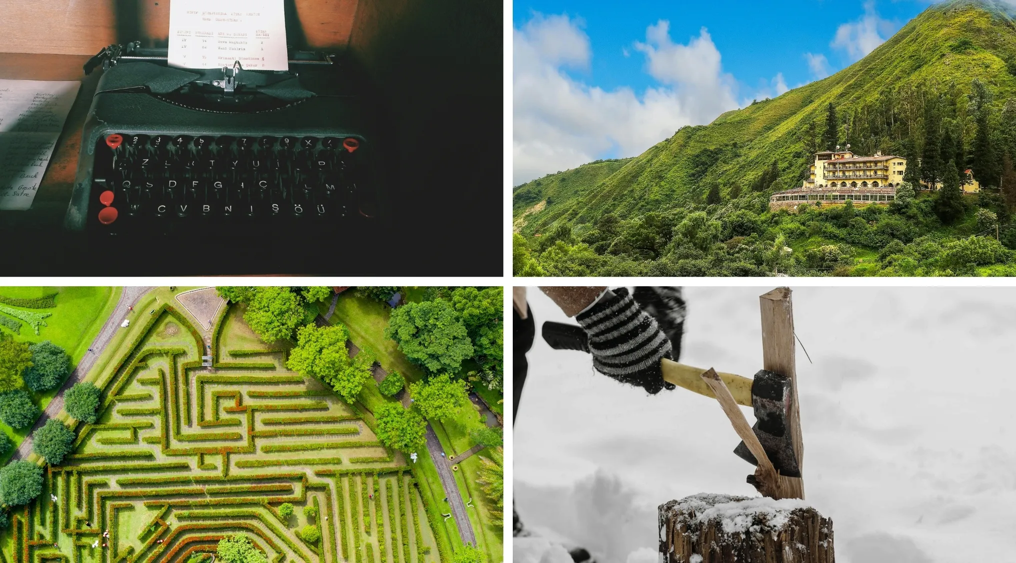 Vintage typewriter, mountain hotel, aerial maze view, and axe chopping wood in snow representing movies and TV shows visual hints.