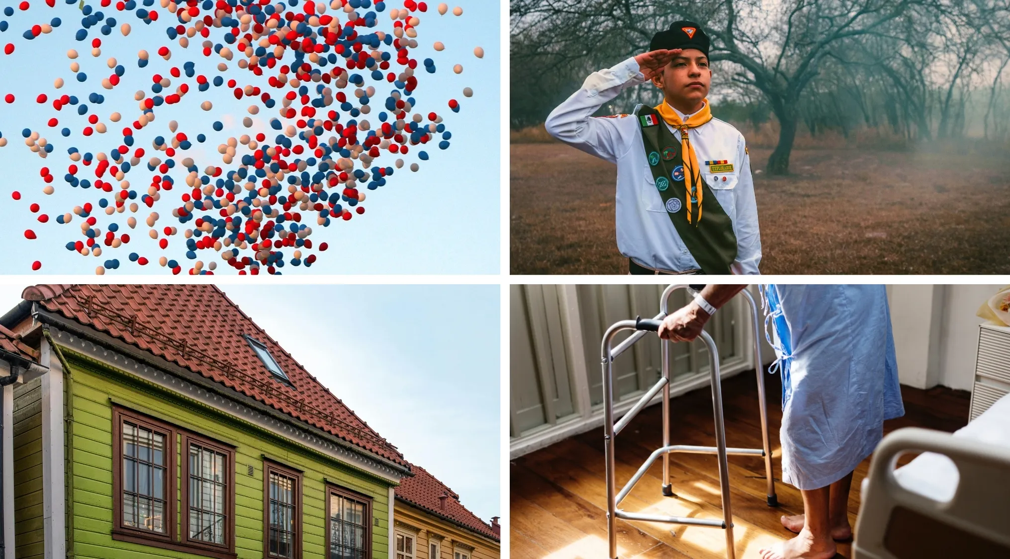 Balloons, scout salute, colorful house, and elderly person with walker as visual hints for movies and TV shows.