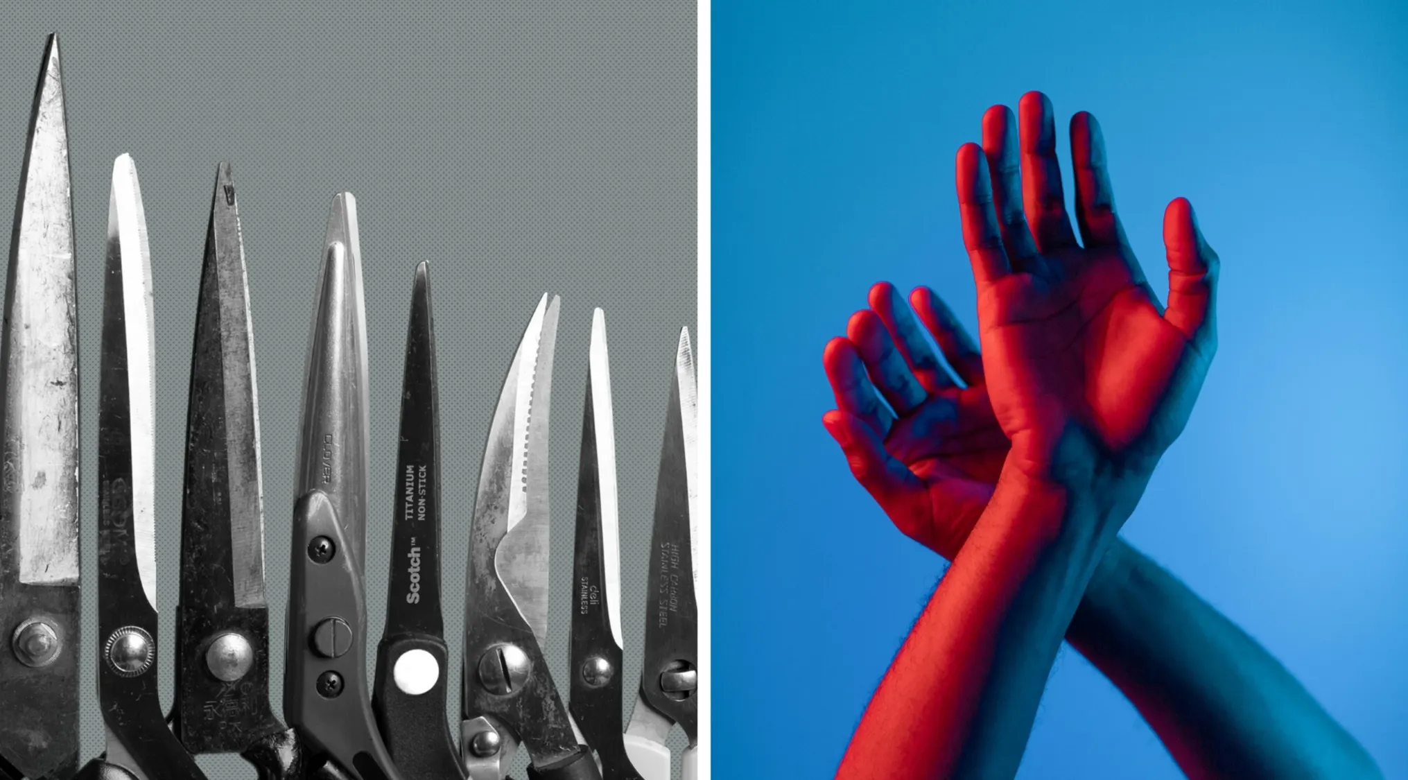 Scissors lined up on a gray background next to hands crossed with red and blue lighting for movies and TV shows visual hints.