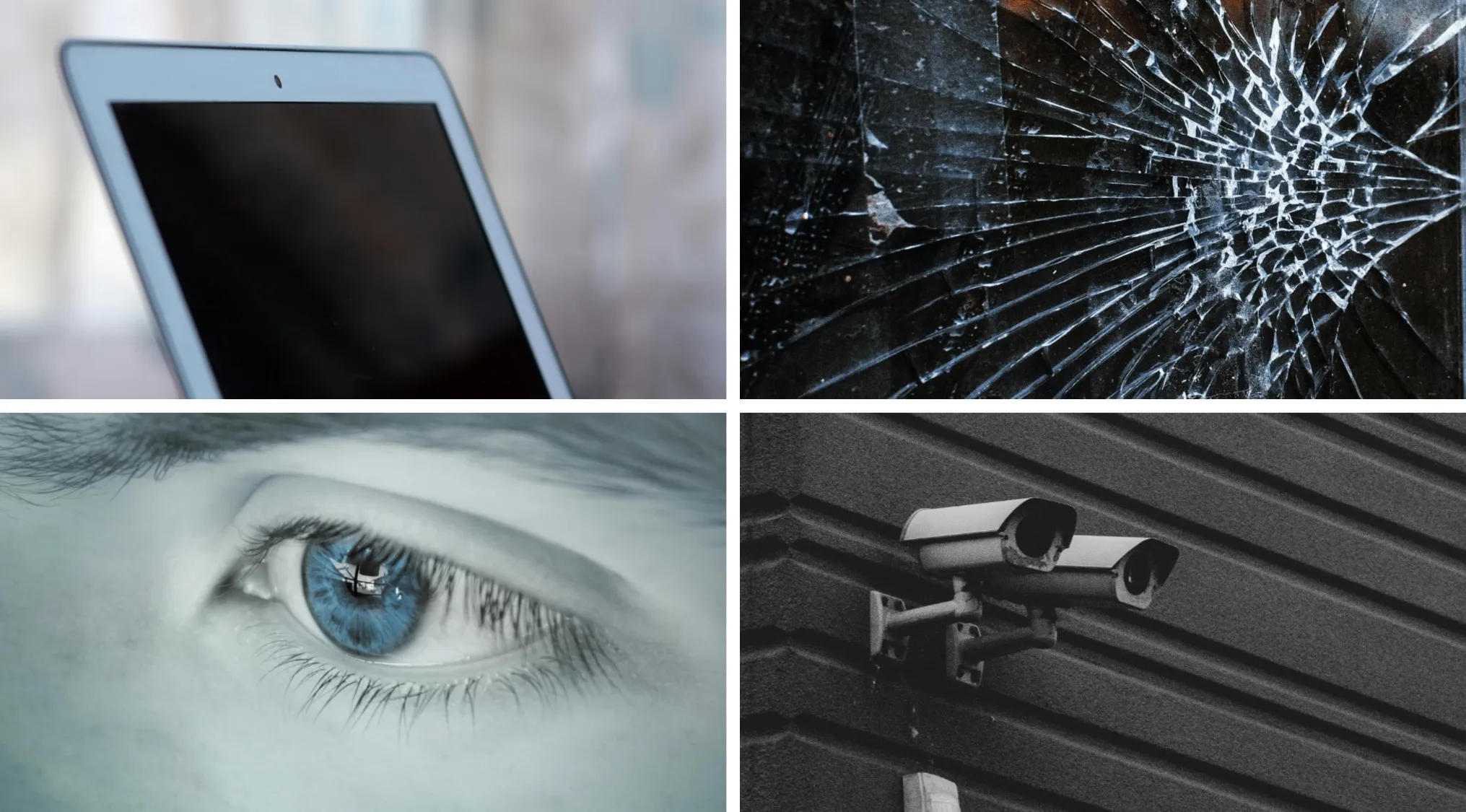 Moodboard collage with laptop, shattered glass, blue eye close-up, and surveillance cameras for anthology TV show visual hints.