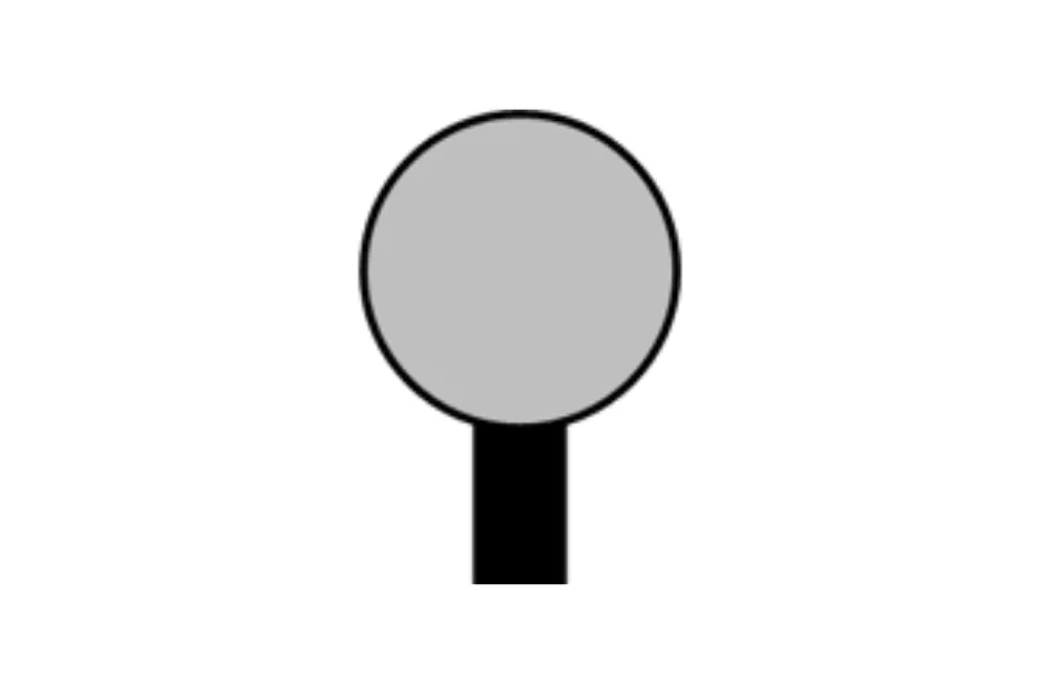 Simple black and gray shape resembling a magnifying glass as part of a piece that completes the matrix
