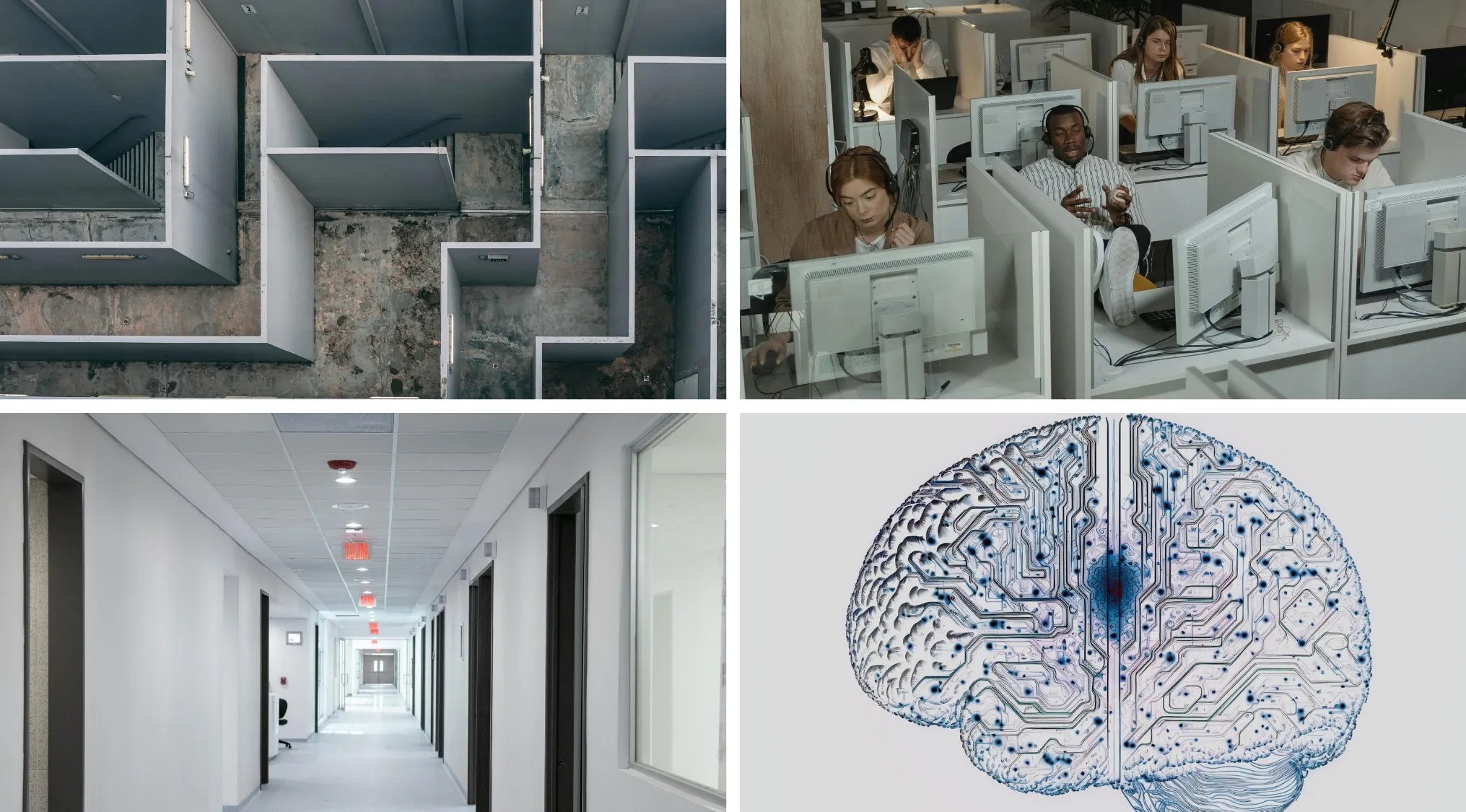 Aerial view of maze, office workers in cubicles, empty hallway, and digital brain illustrating movies and TV shows visual hints.