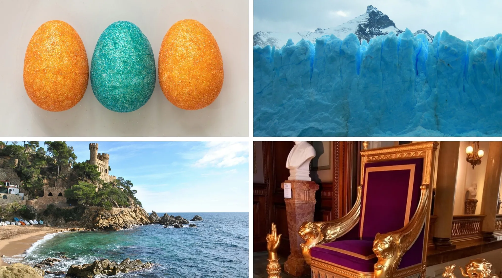 Four visual hints for popular movies and TV shows including colorful eggs, icy landscape, castle by the sea, and a royal throne.