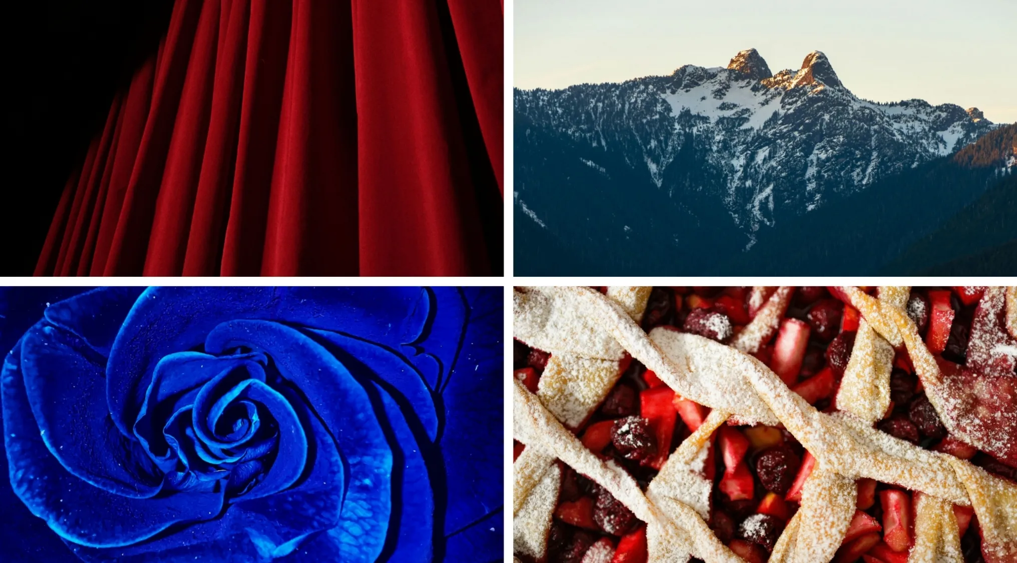 Red curtain, mountain peaks, blue rose close-up, and fruit pie with powdered sugar as movies and TV shows visual hints.