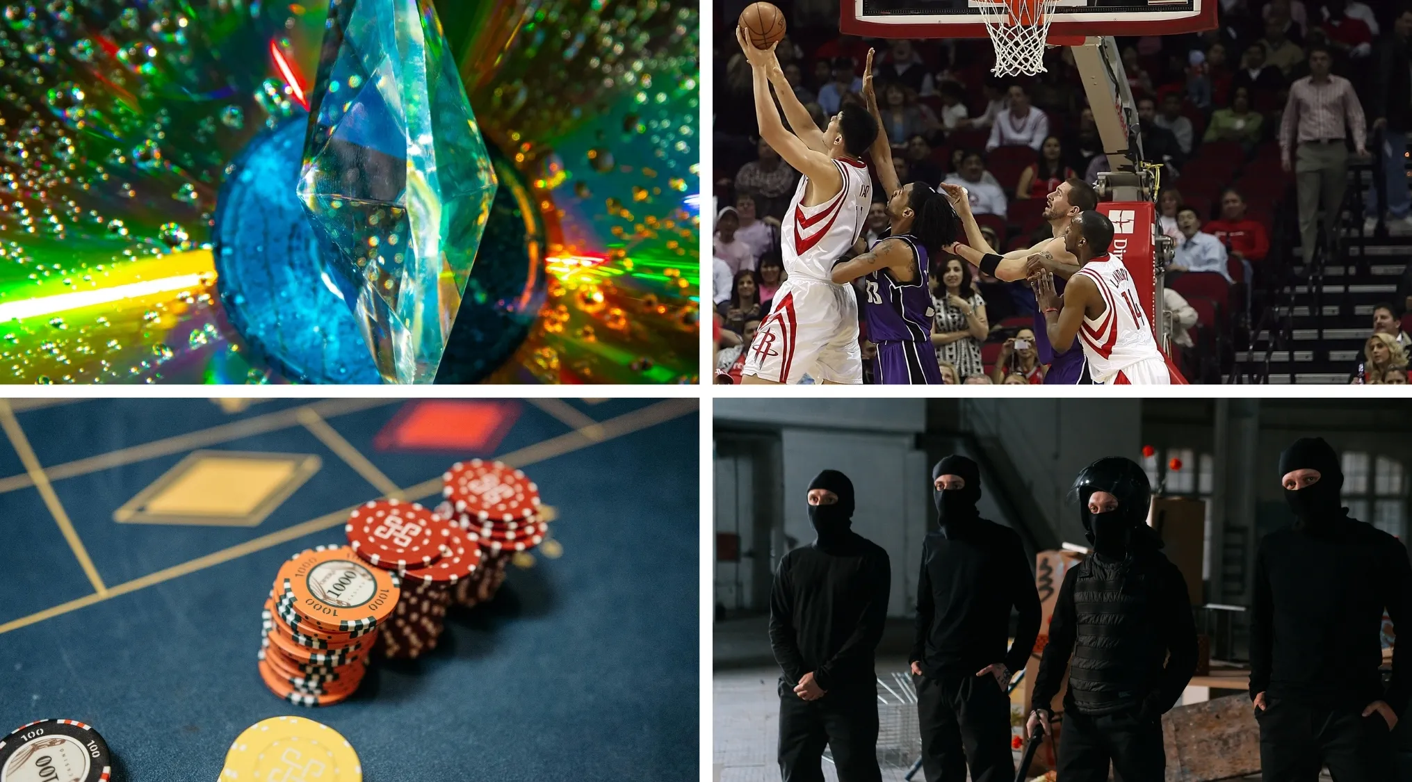 Abstract colorful shapes, basketball players in action, poker chips on table, and masked individuals in dark attire in movie visual hints.