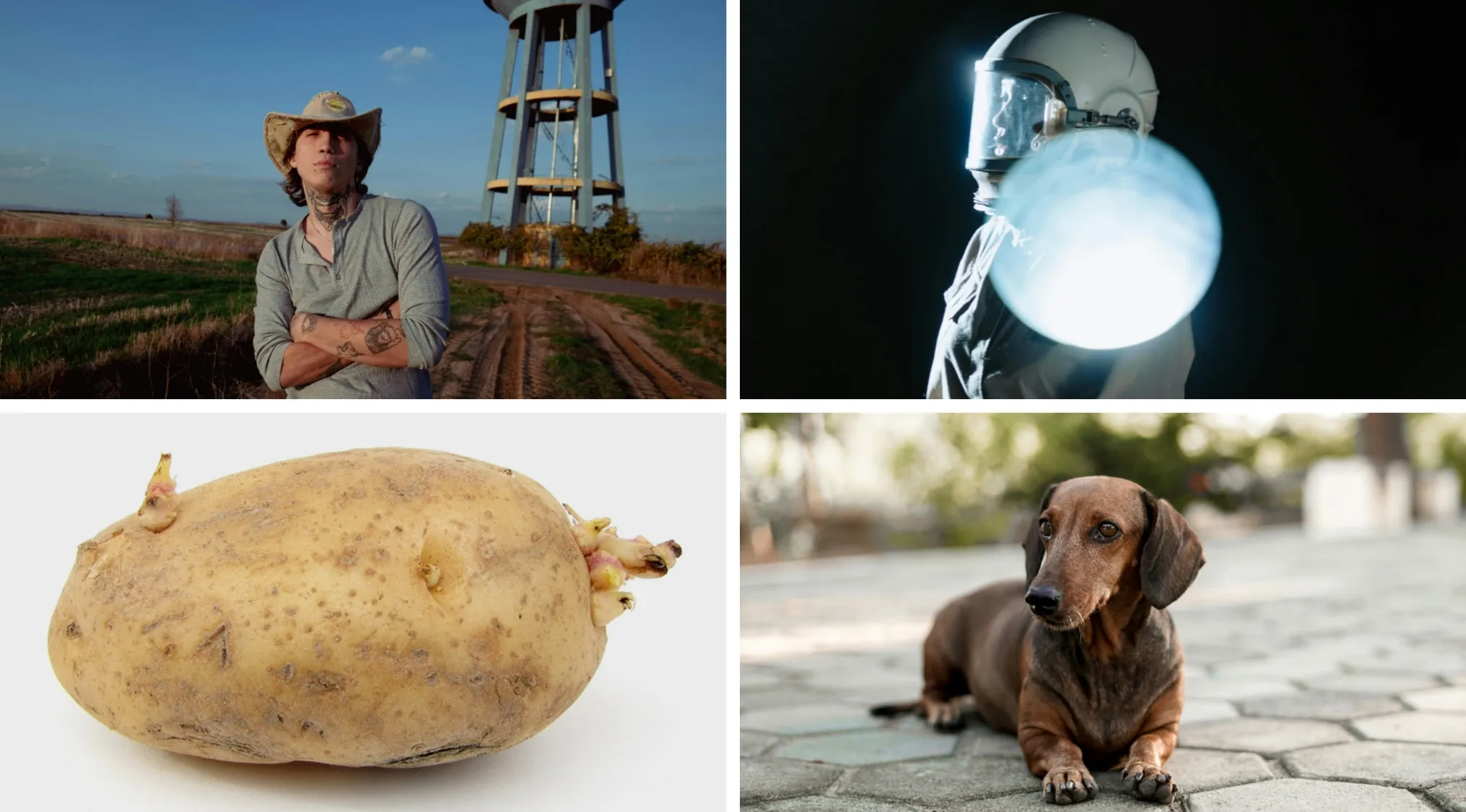 Collage of images hinting at characters from an animated film including a cowboy, astronaut, potato, and dachshund dog.