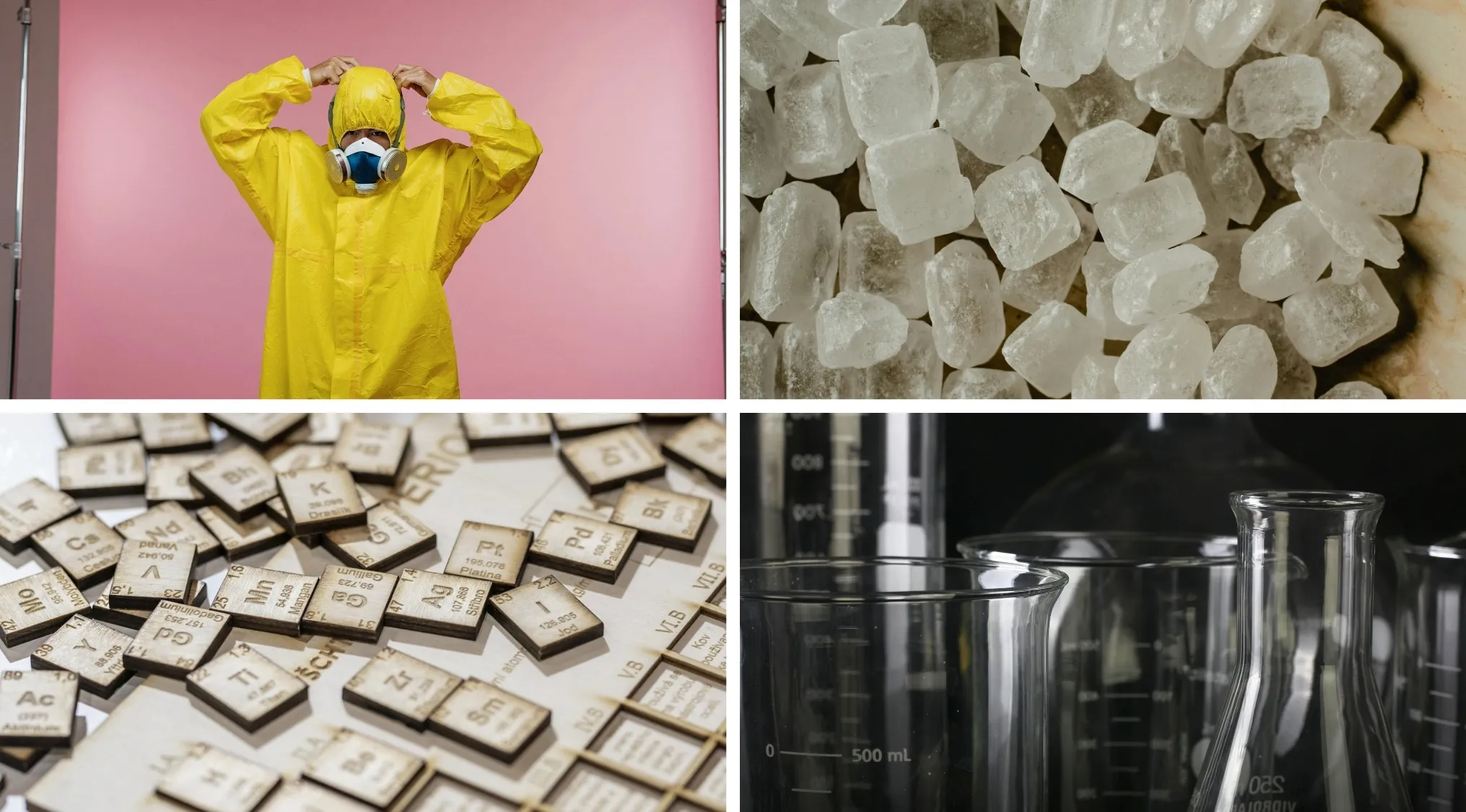 Person in yellow hazmat suit, close-up of ice cubes, periodic table tiles, and glass beakers symbolizing movies and TV shows.