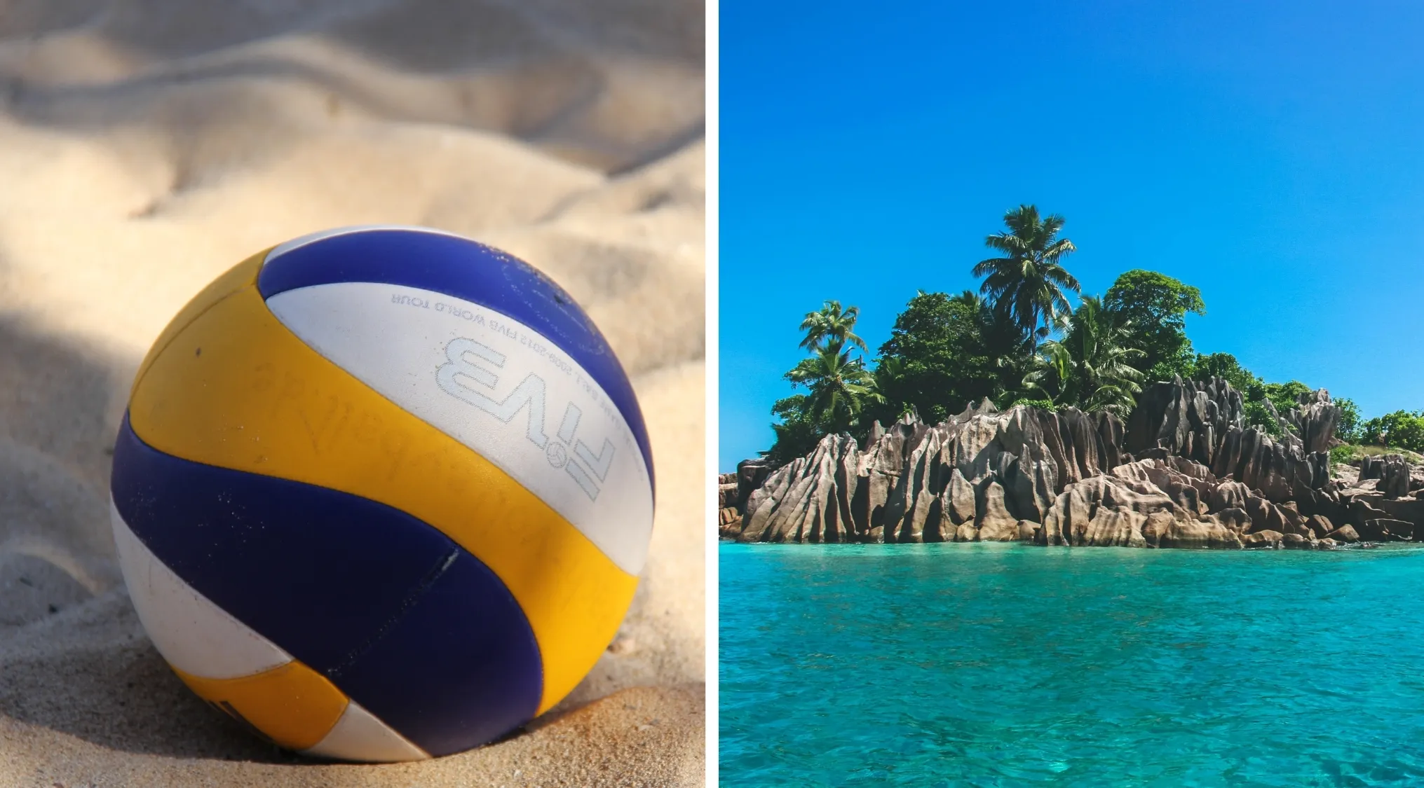 Volleyball on sandy beach and tropical island with blue water, movies and TV shows visual hints quiz.