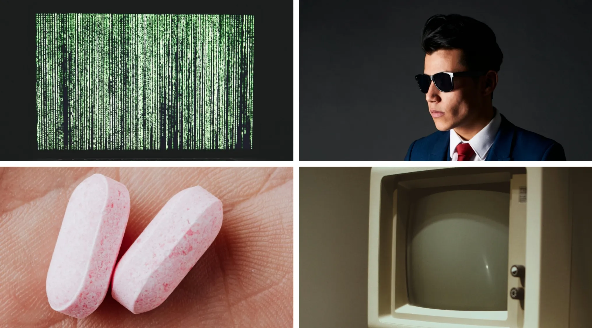 Collage with movies and TV shows visual hints featuring green code, man in sunglasses, pills, and a vintage computer.
