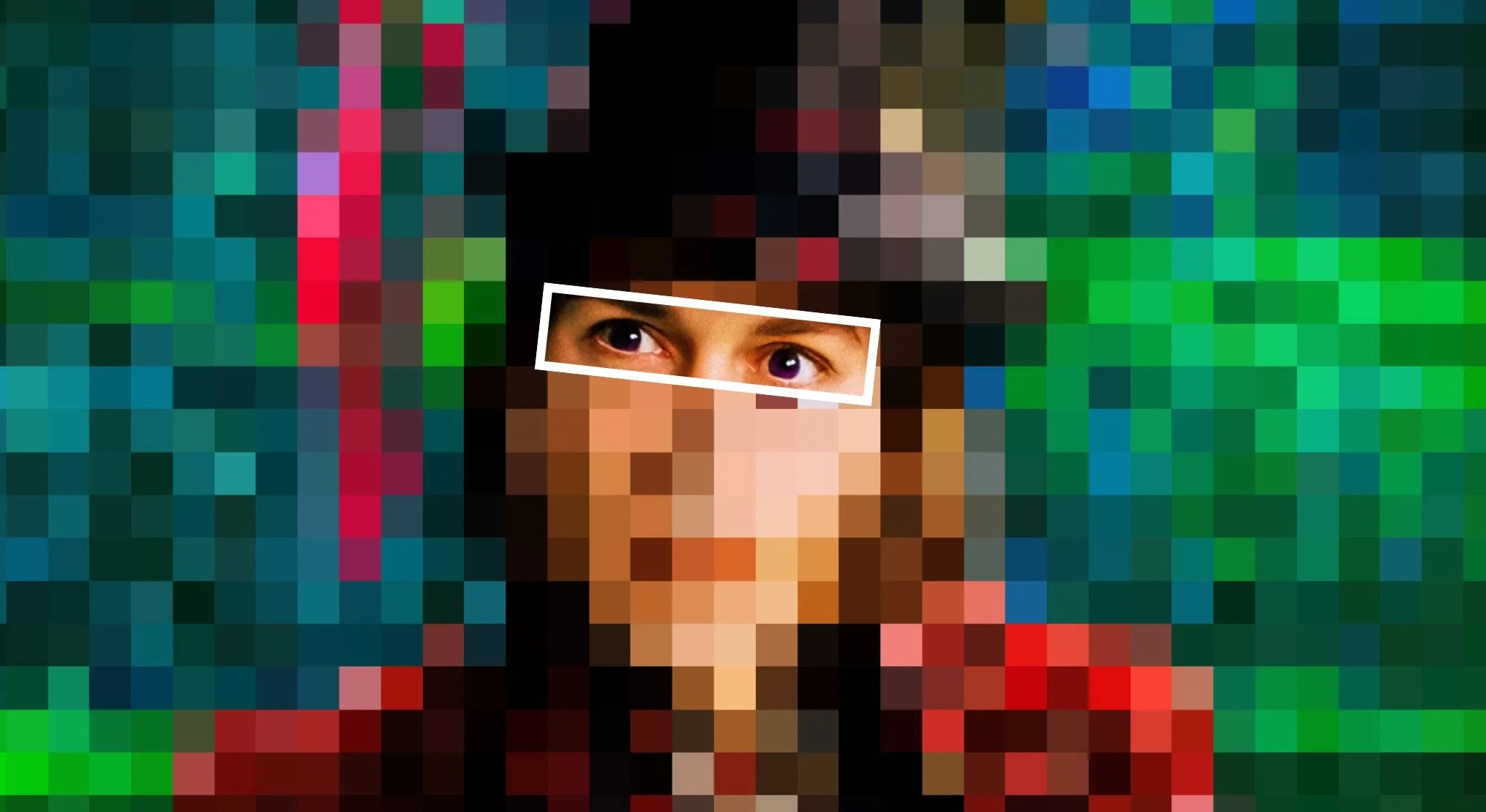 Close-up of pixelated character eyes in a colorful background for guess the movie from the characters eyes game.