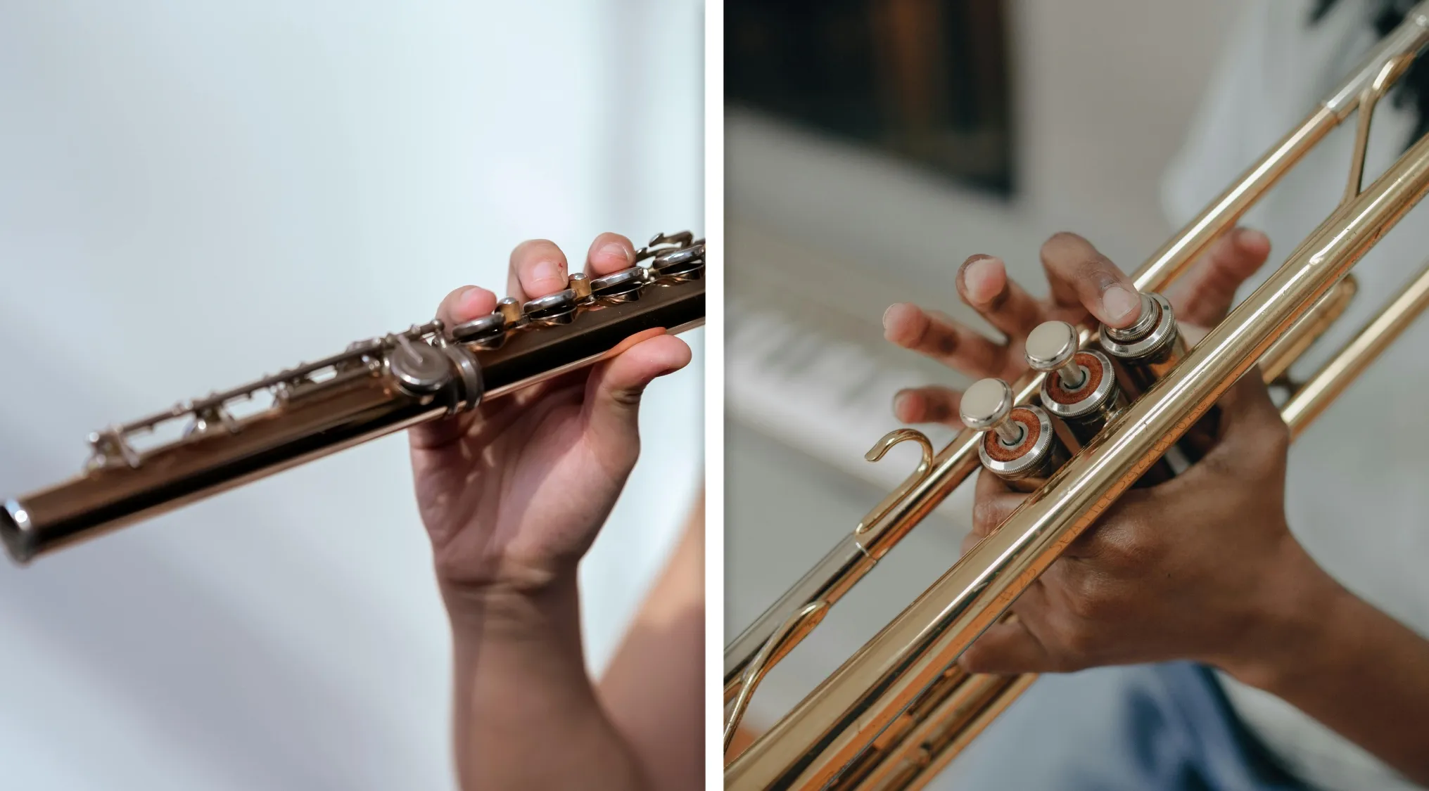 Hands playing a flute and a trumpet, illustrating sound wave properties causing different tones despite same note played.