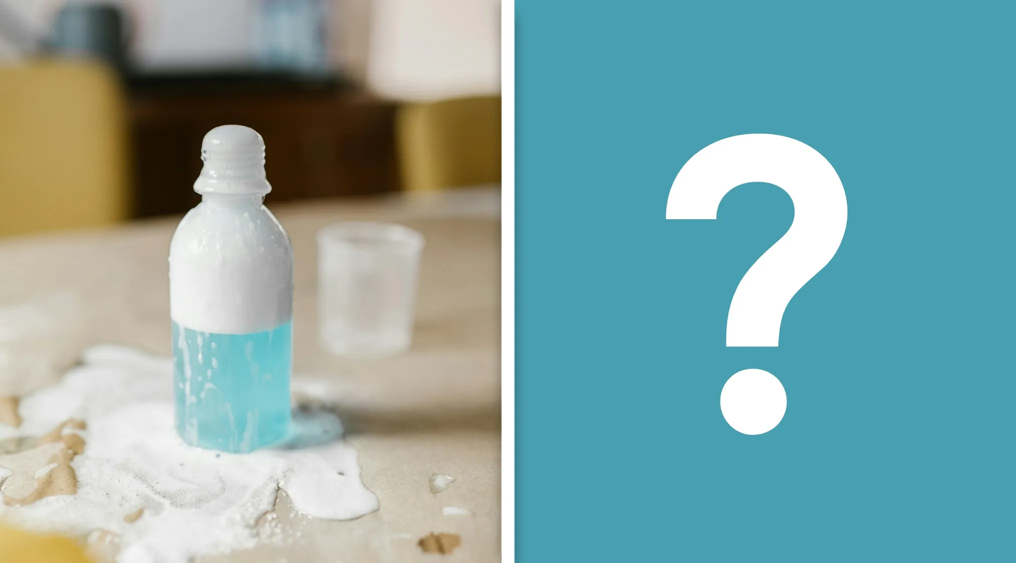Close-up of a bottle with foaming bubbles illustrating the chemical reaction of baking soda and vinegar in general science quiz context.