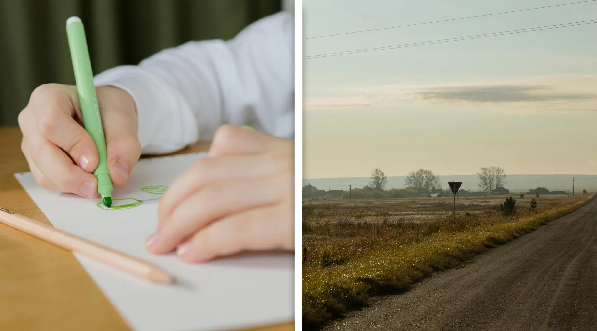 Child drawing a road while distant objects in landscape appear hazier illustrating atmospheric perspective phenomenon in science quiz.