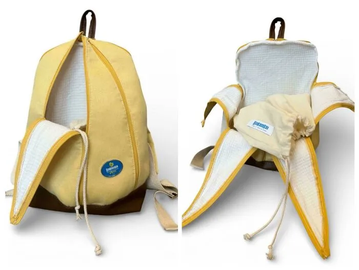 Minimalism design of banana-shaped backpack with unique peel opening