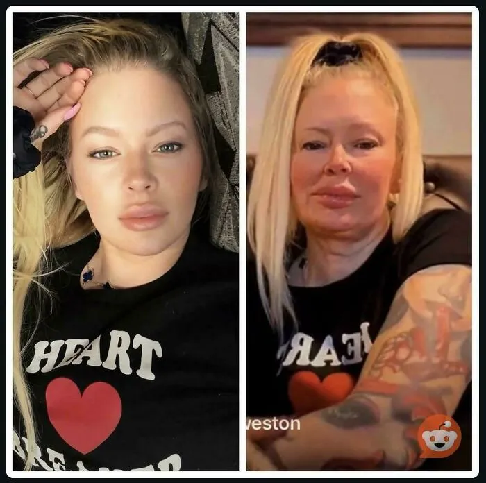 Side by side comparison showing Instagram reality of wildly edited photo versus an unedited picture.