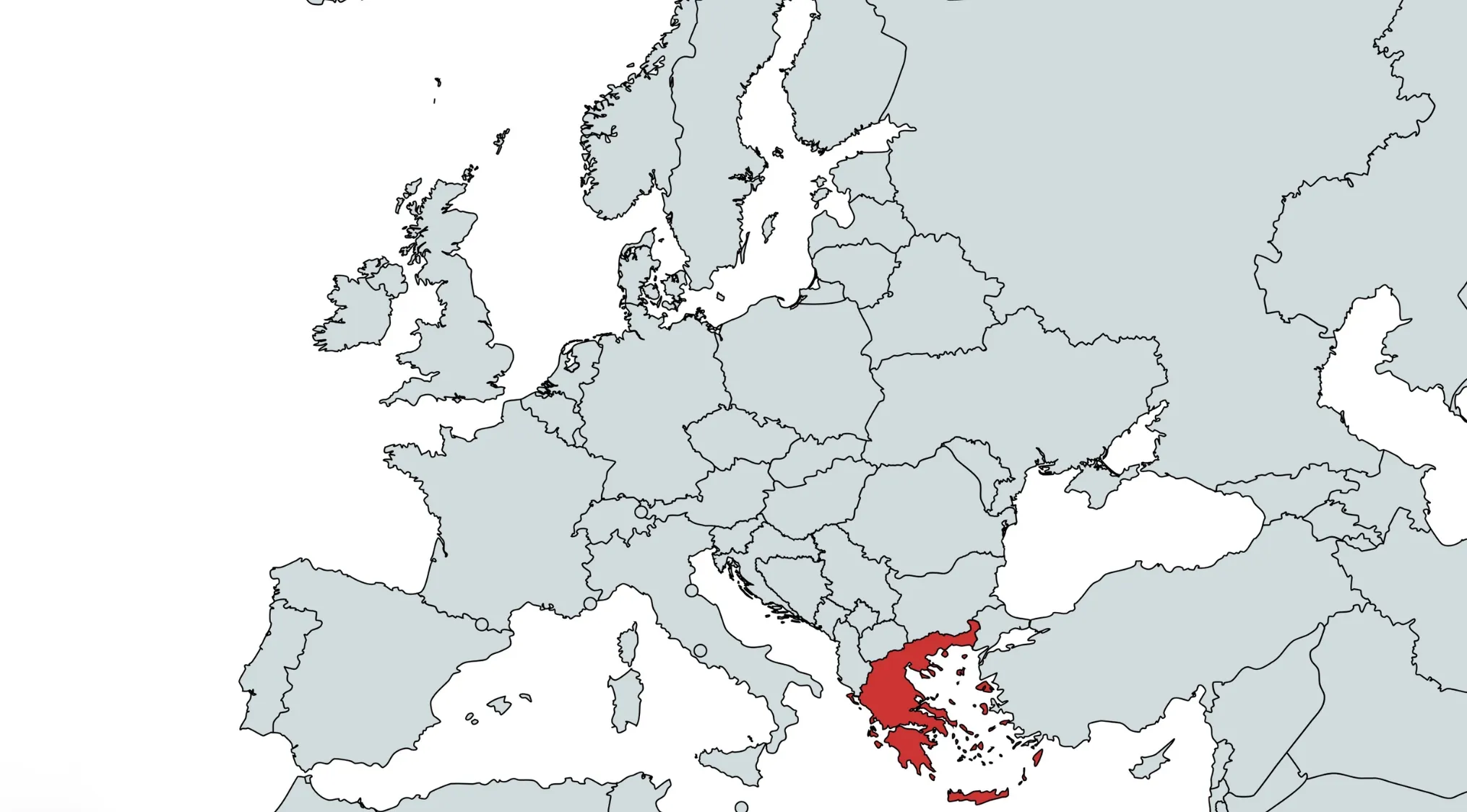 Map of Europe highlighting the country of Greece in red for the country on the map guessing challenge.