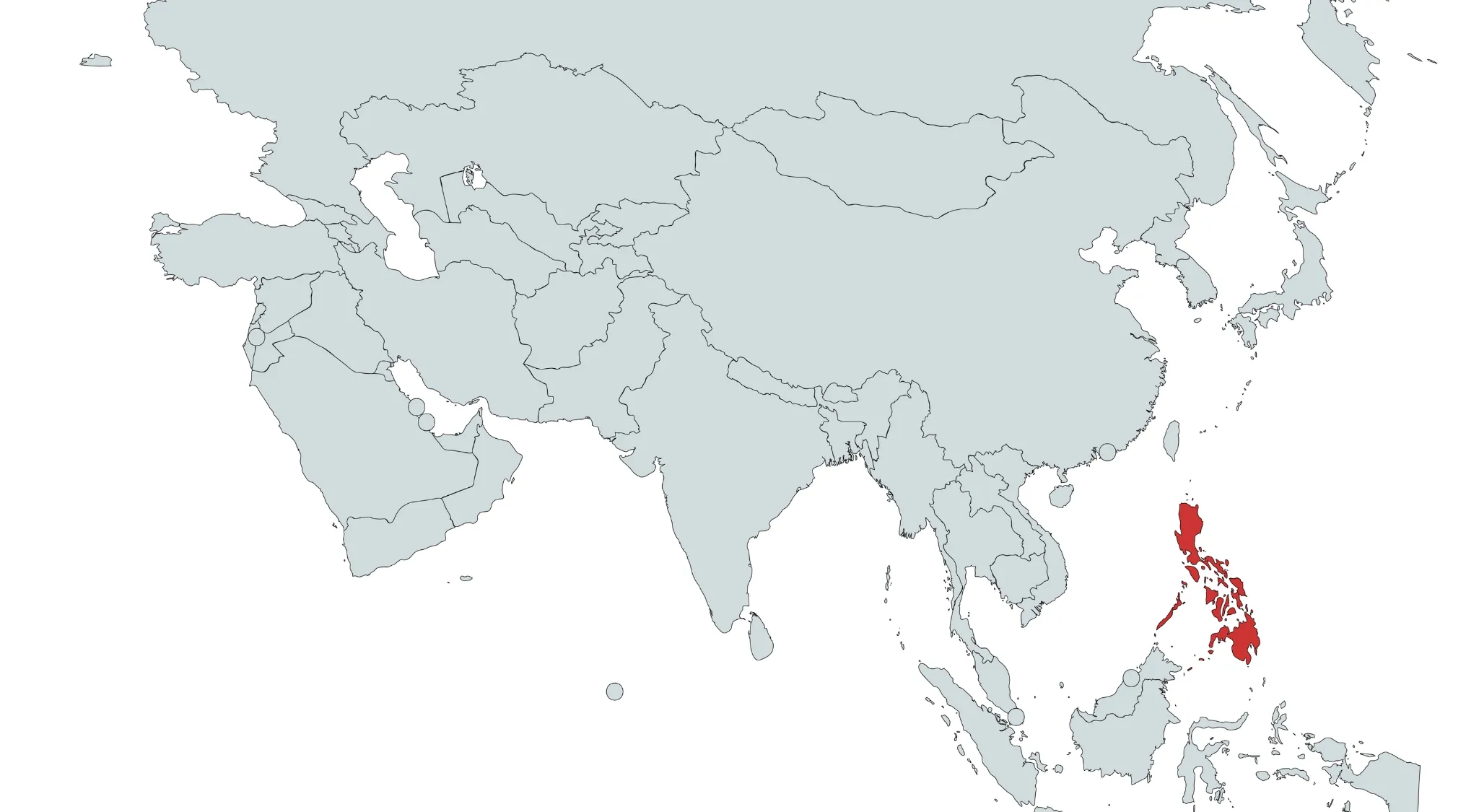 Map highlighting the country in red on the map, focusing on guessing the country in Asia region.