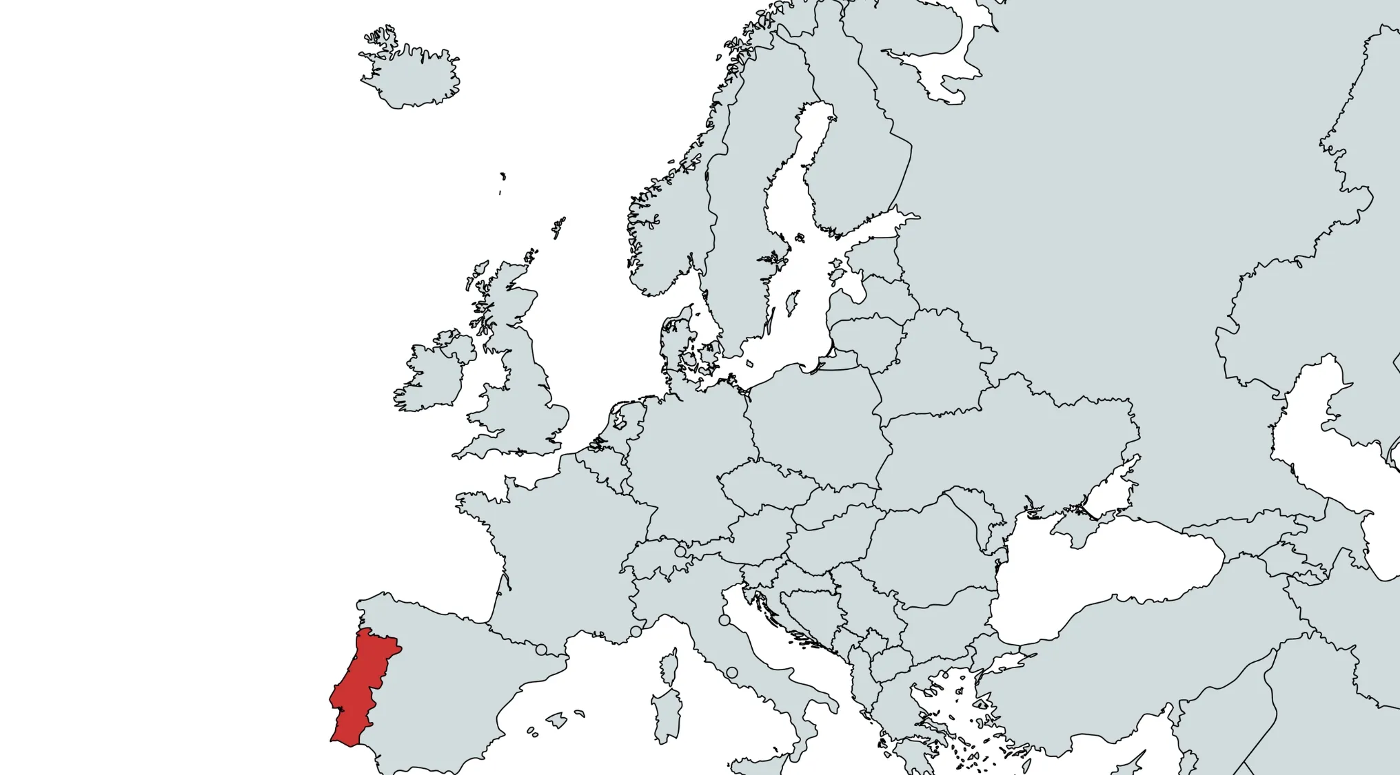Map of Europe highlighting the country in red, focusing on the country on the map for geography guessing.