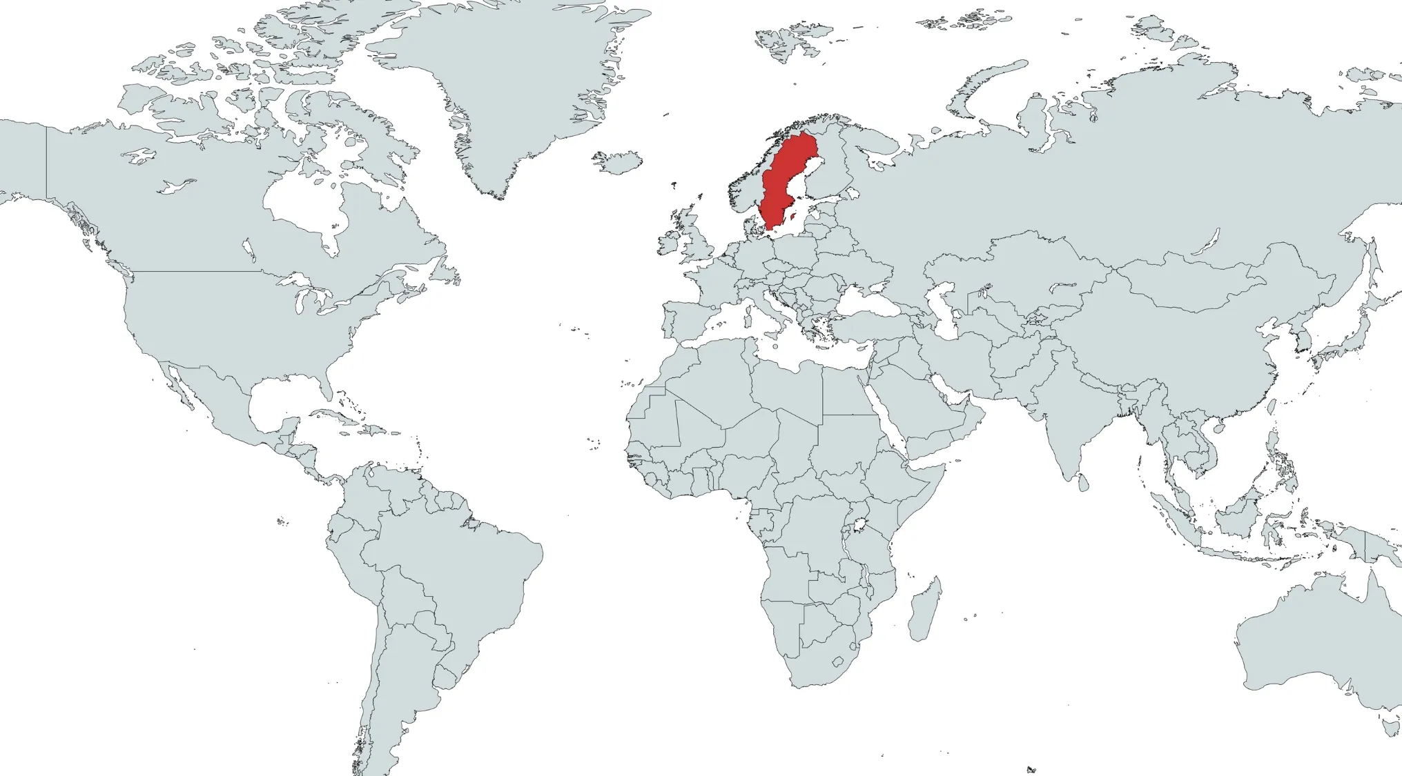 World map with Sweden territory highlighted in red for country map guessing quiz.