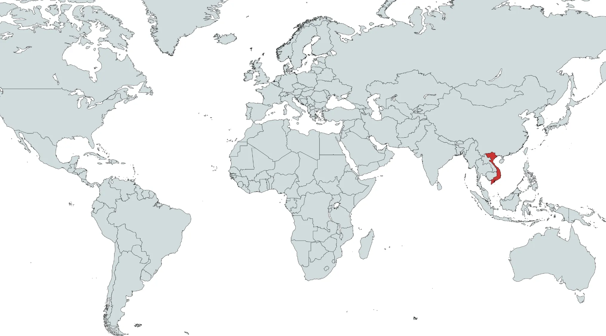 World map with one country highlighted in red for guess the country on the map challenge.