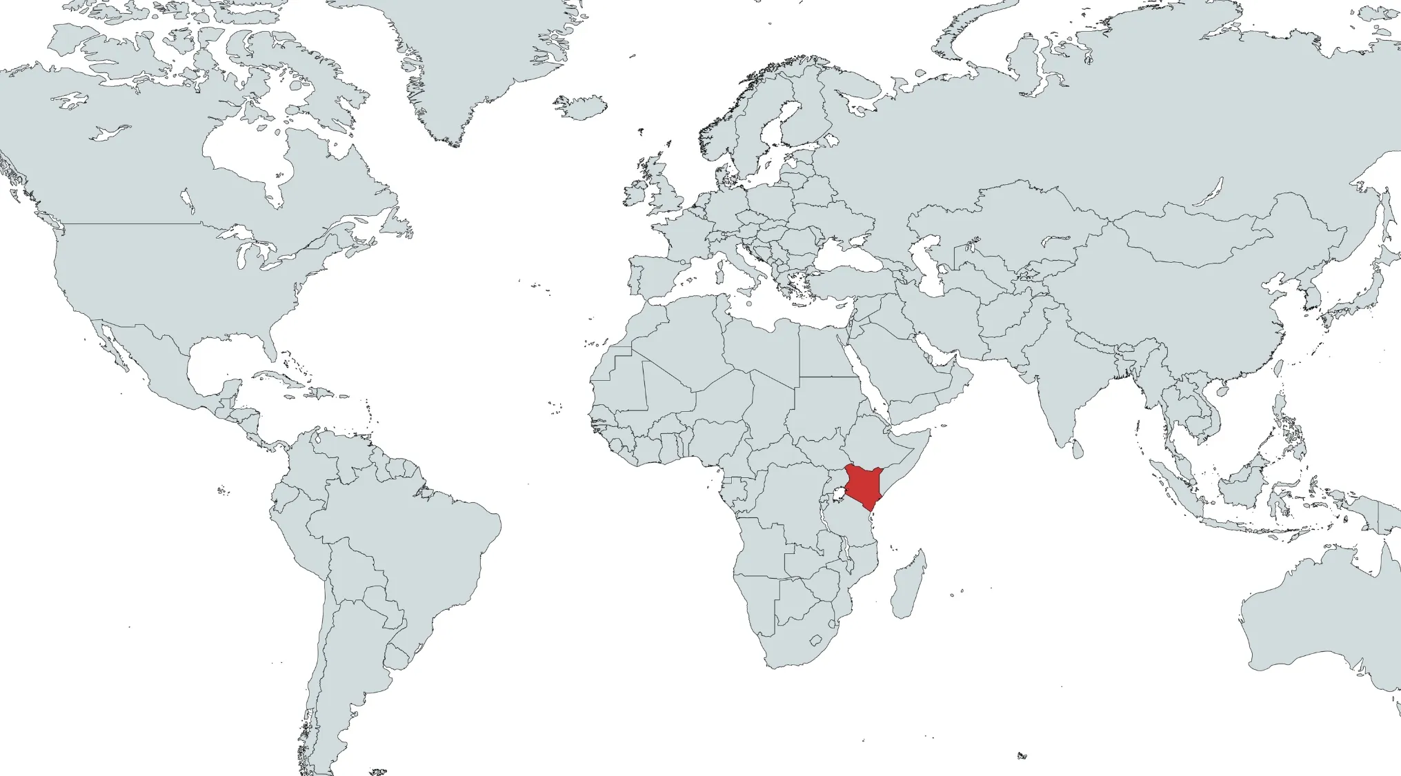 World map with Kenya highlighted in red for country identification quiz using main SEO keywords country map.