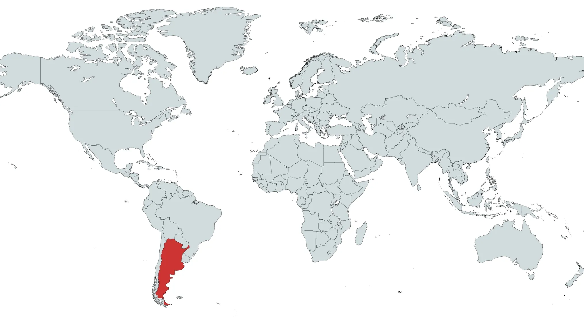 World map with the country Argentina highlighted in red for the guess the country on the map quiz.