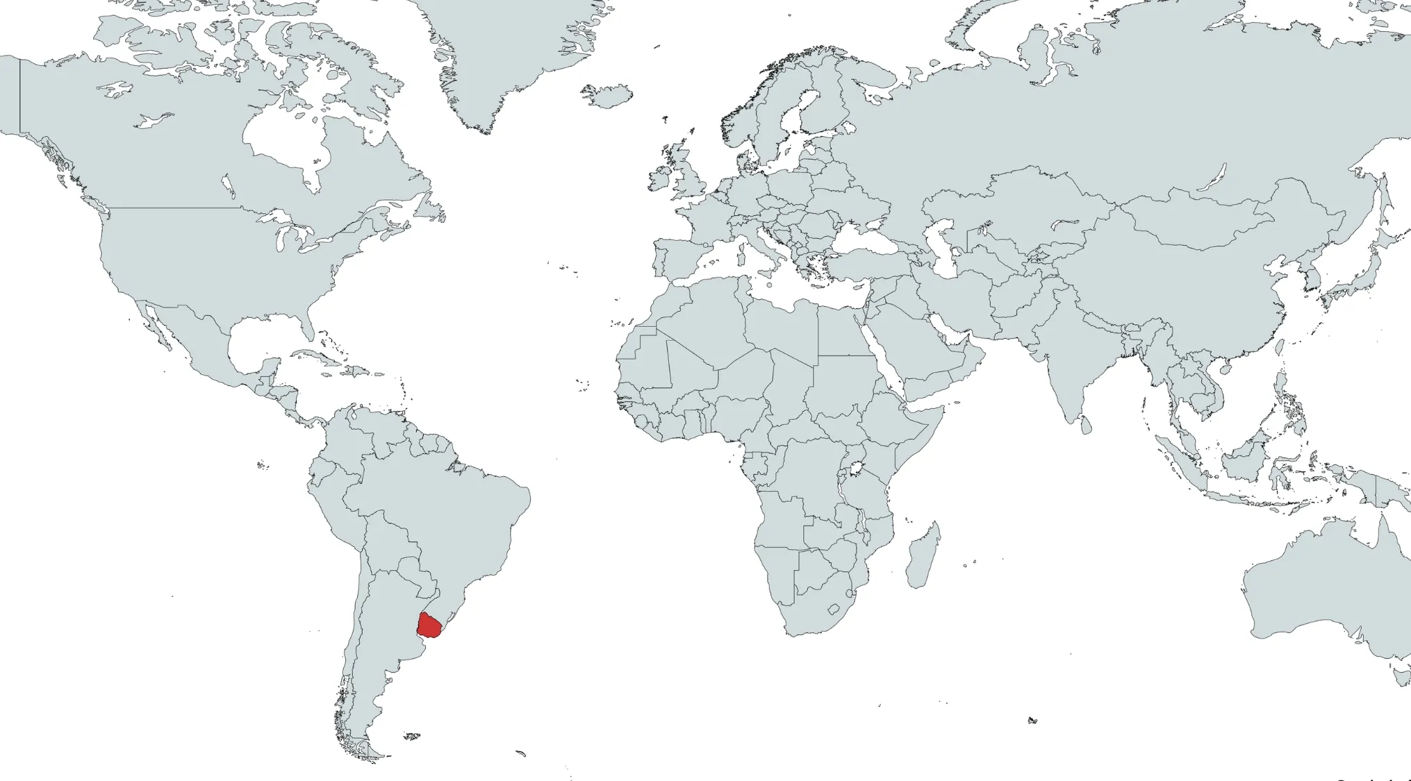 World map with a country highlighted in red in South America for the guess the country on the map quiz.