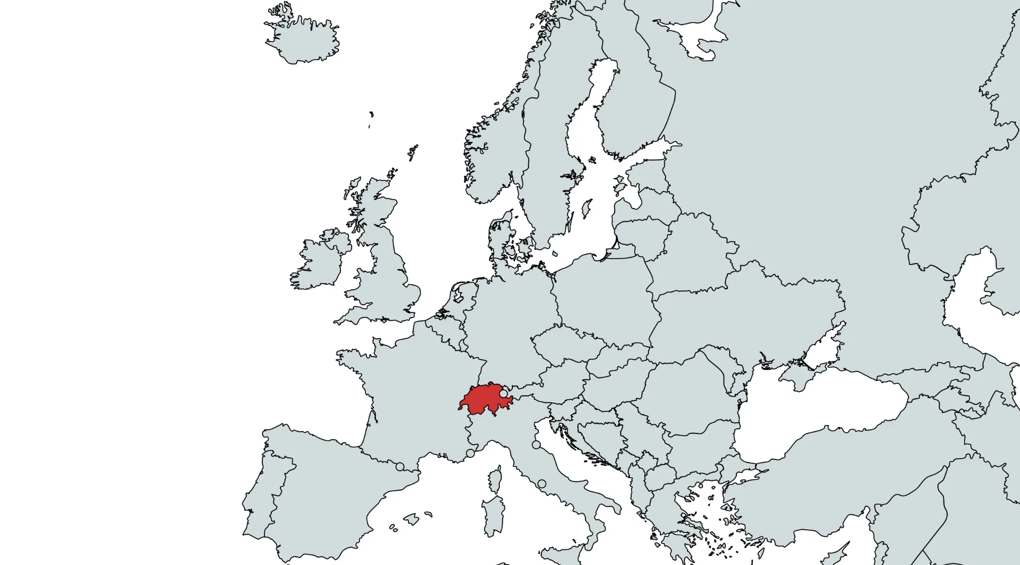Map of Europe highlighting the country in red, showcasing the country on the map for guessing.